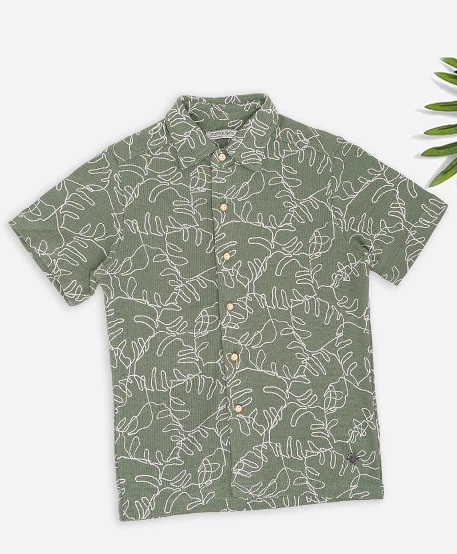 Pantaloons Junior Cotton Woven Half Sleeves Leaves Embroidered Shirt - Olive Green-picture-24