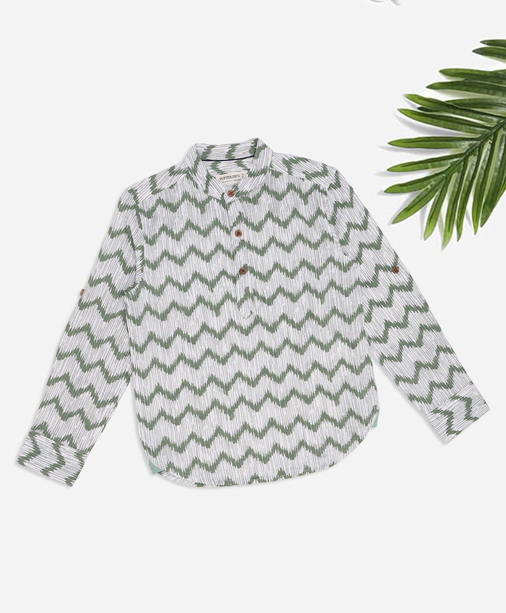 Pantaloons Junior Cotton Woven Full Sleeves Chevron Printed Kurta Style Shirt - Green-picture-29