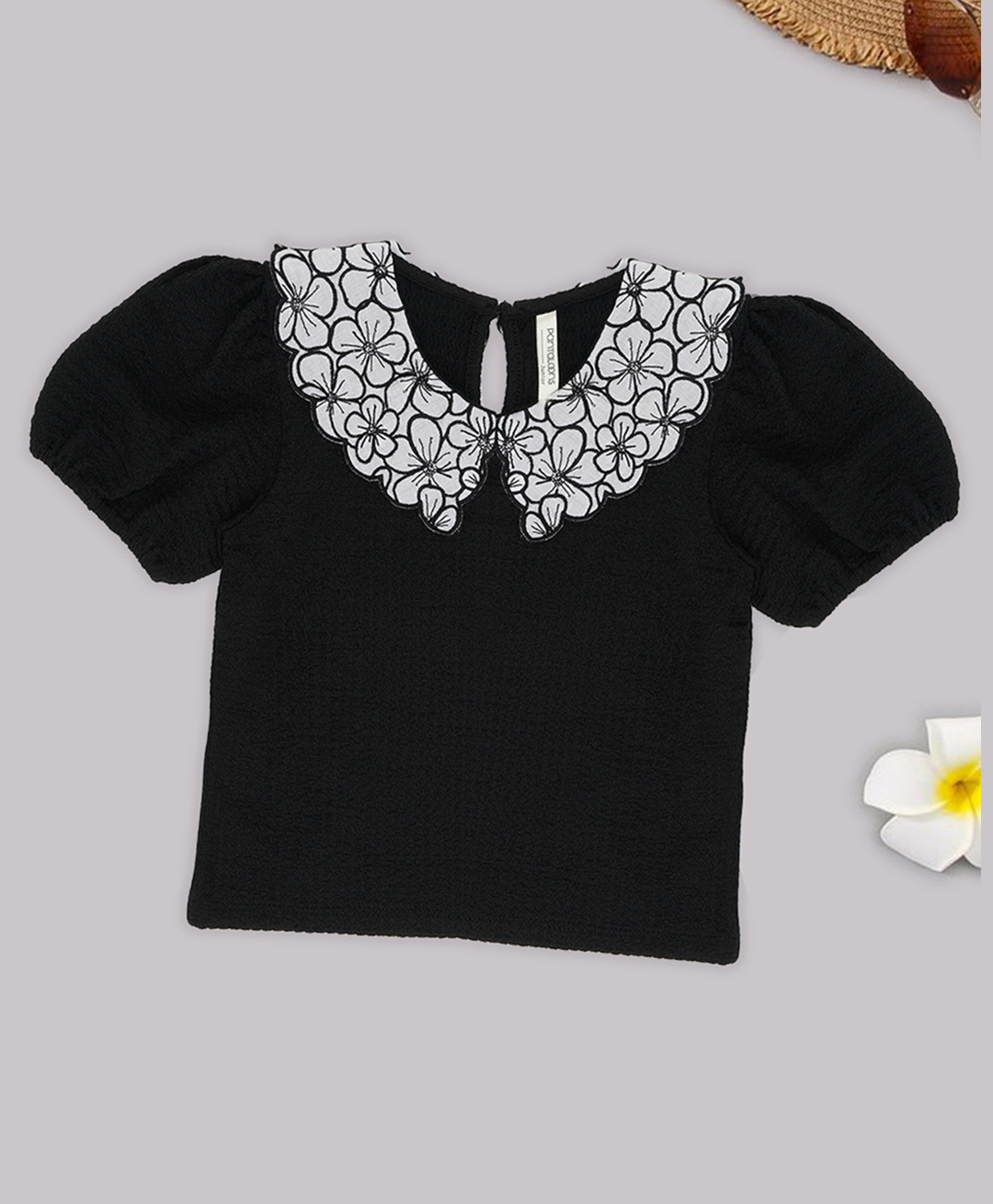 Pantaloons Junior Knit Half Puff Sleeves Floral Collar Lace Detailed Top - Black-image-28
