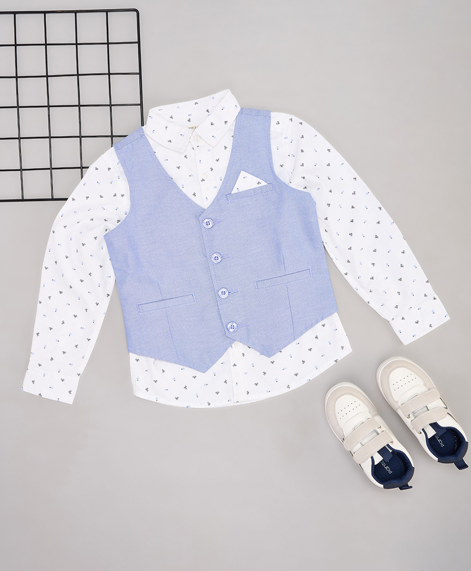 Pantaloons Junior Cotton Woven Full Sleeves Abstract Printed Shirt With Waistcoat - White-picture-22