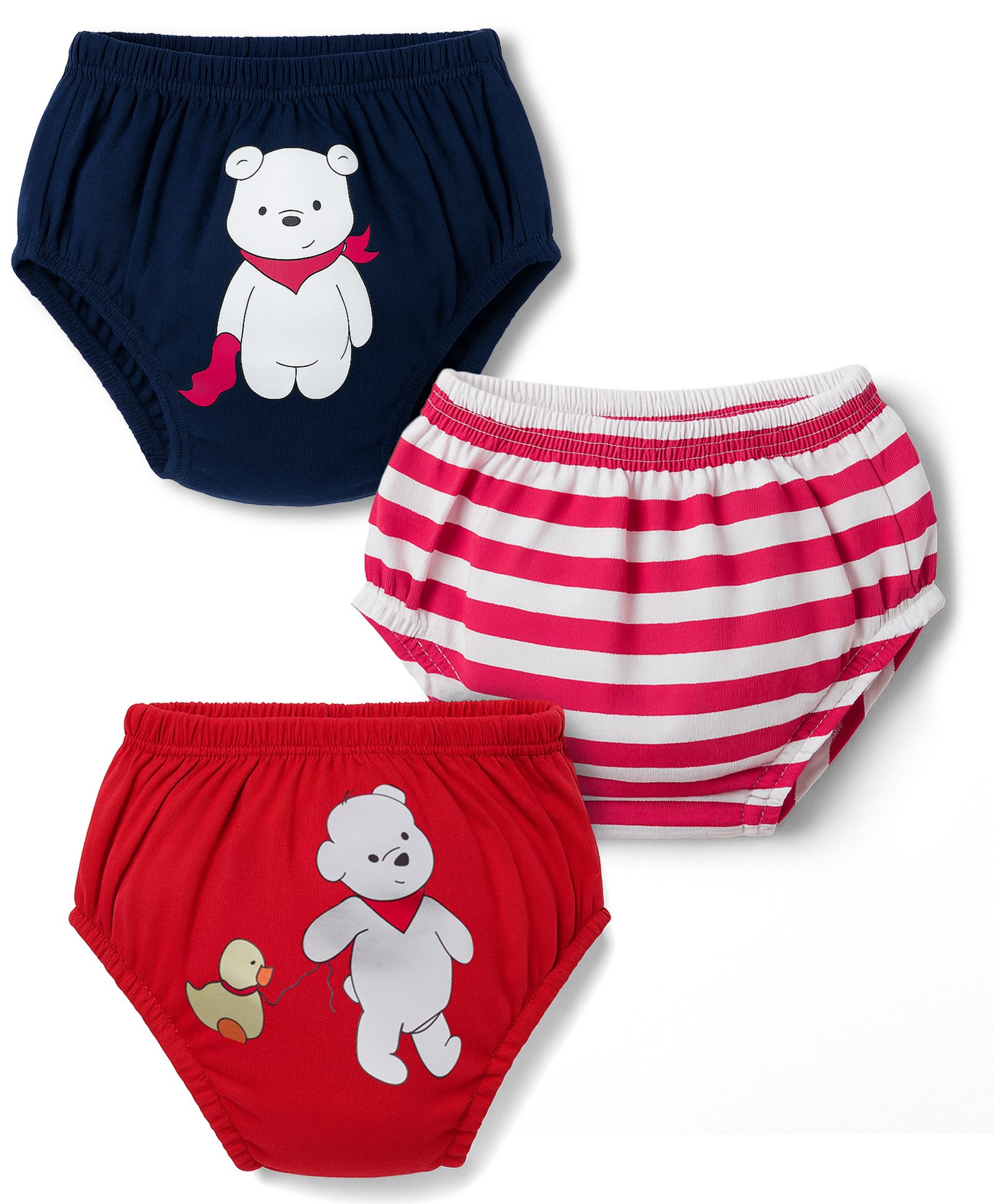Doodle Poodle 100% Cotton Knit Briefs with Bear Print & Stripes Pack of 3 - Red White & Navy Blue-picture-22