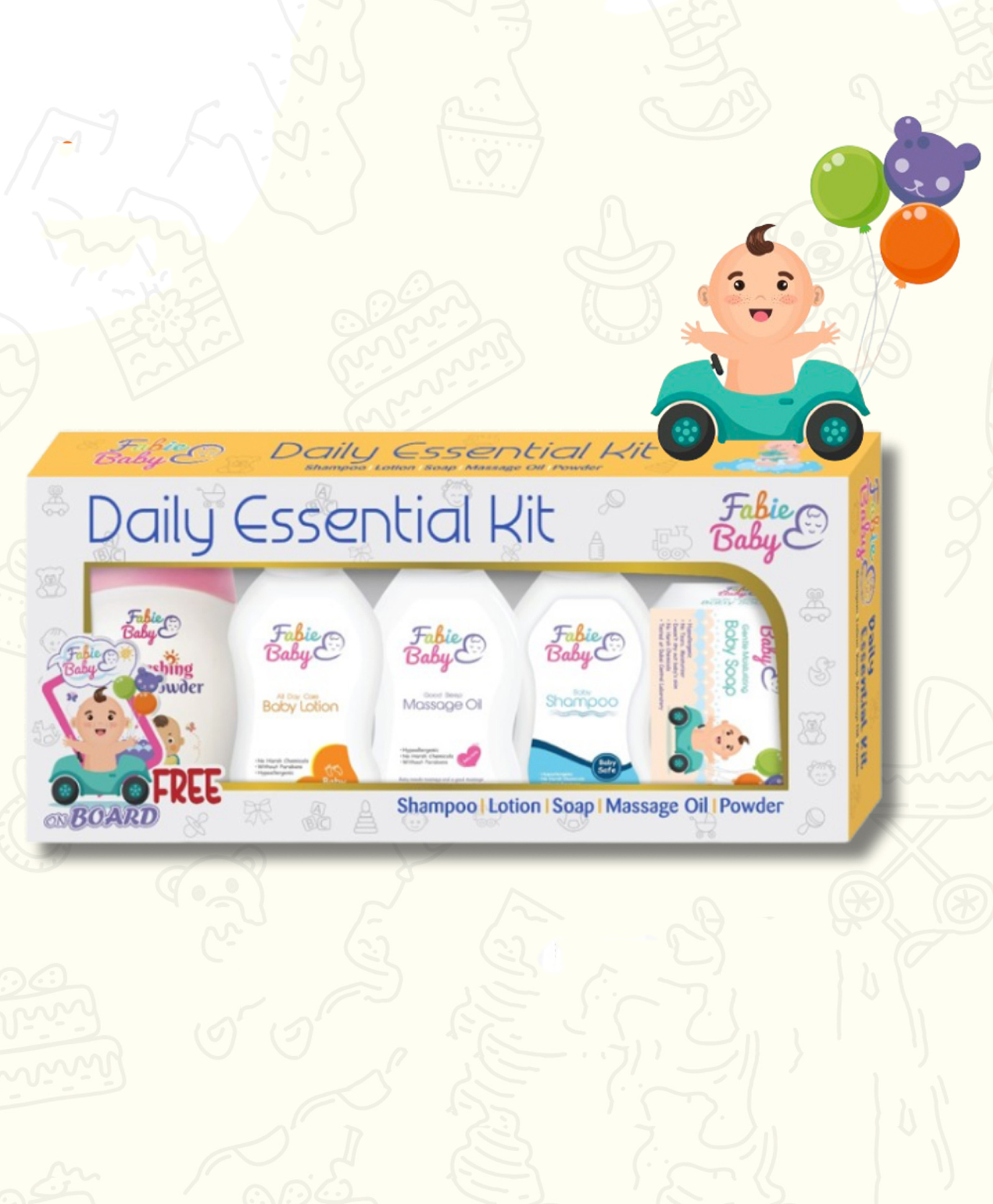 Fabie Baby Daily Essential Kit, 5 Count Kit with Powder, Shampoo, Lotion, Soap, Massage Oil-image-14