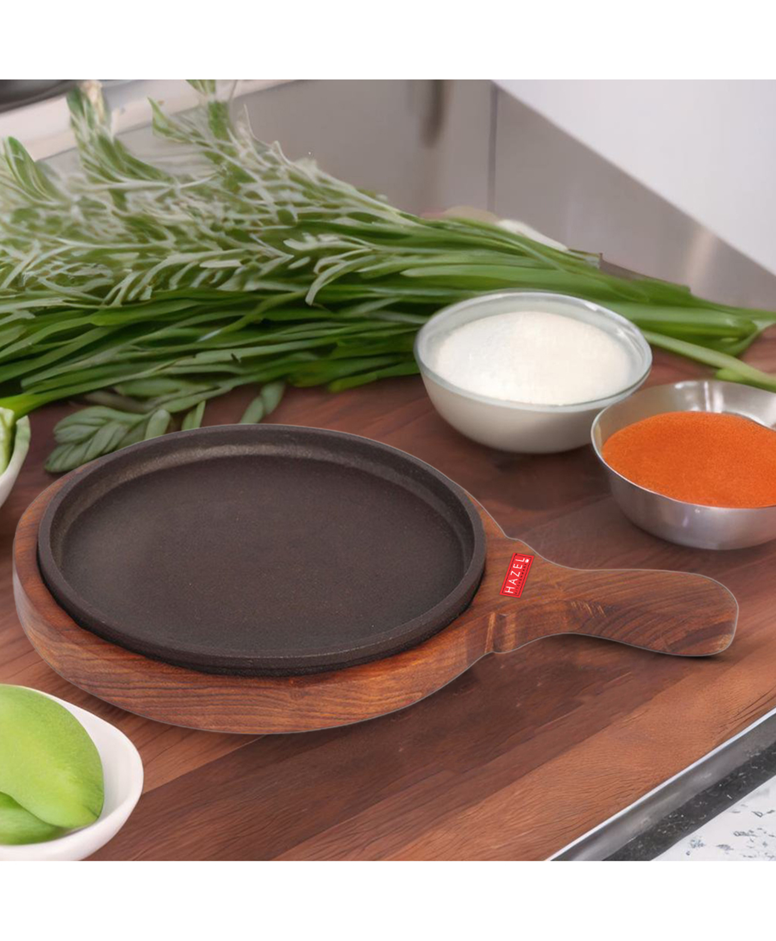 HAZEL Cast Iron Sizzler Plate with Wooden Base and Handle | 8 Inch Round Hot Plate for Sizzling Brownies, Pizza Serving Plate | Small Brown Sizzler-image-32