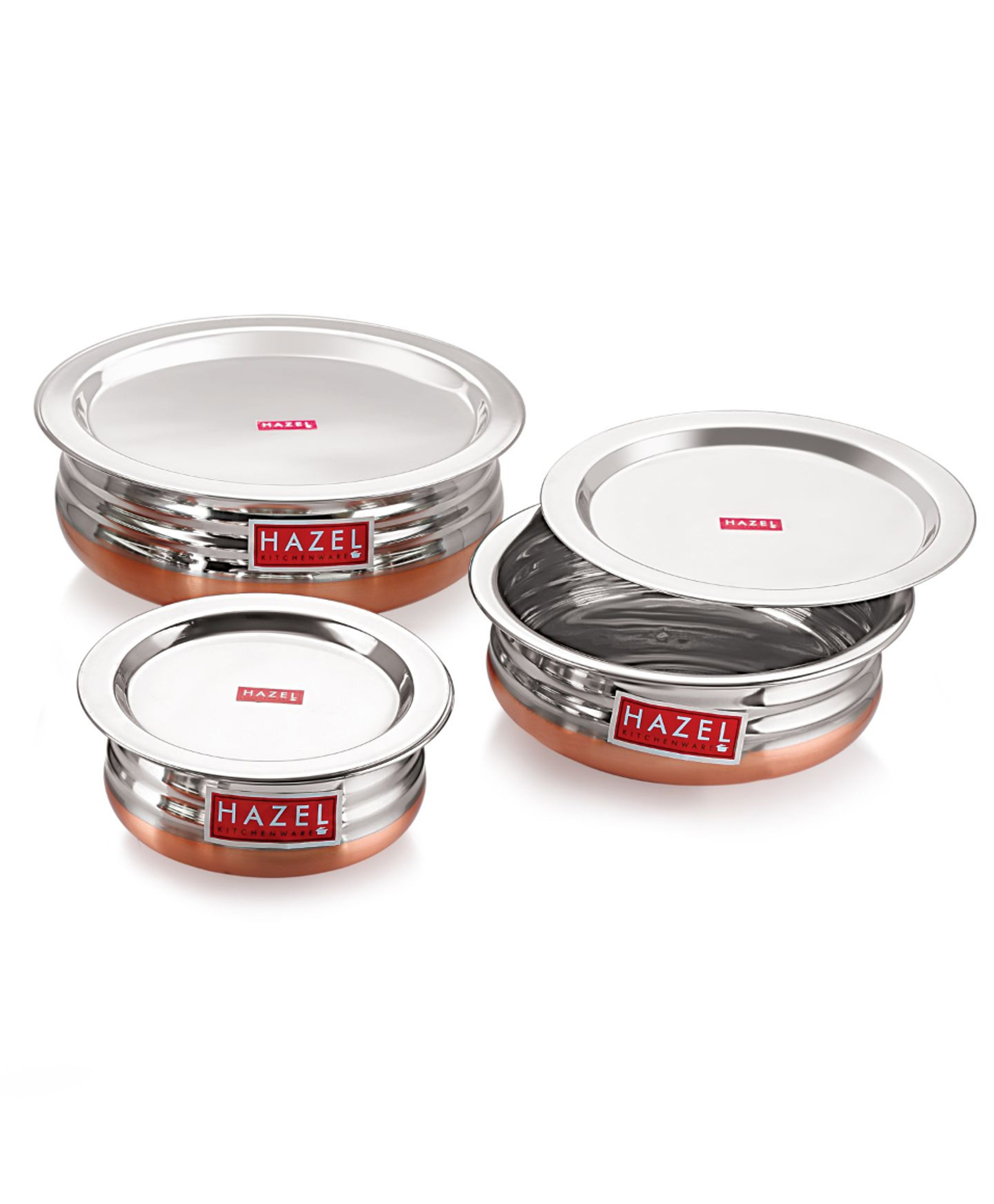 HAZEL Copper Bottom Urli Handi Set With Lid Cover| Premium Stainless Steel Cookware Set | Serving Cooking Tope Bowl For Kitchen | Copper Bottom Vessels For Cooking, 3 Piece-picture-12