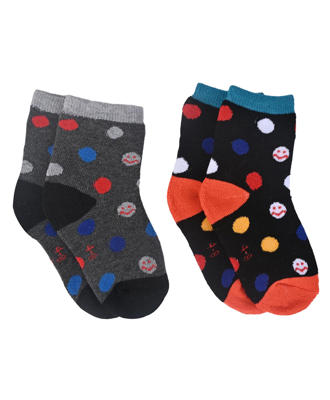 Kid-O-World Cotton Knit Pack Of 2 Polka Dots & Smiley Printed Socks - Grey & Black-picture-12