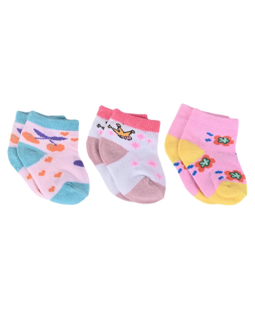 Kid-O-World Cotton Knit Pack Of 3 Colour Blocked & Floral Designed Socks - Multi Colour-image-12