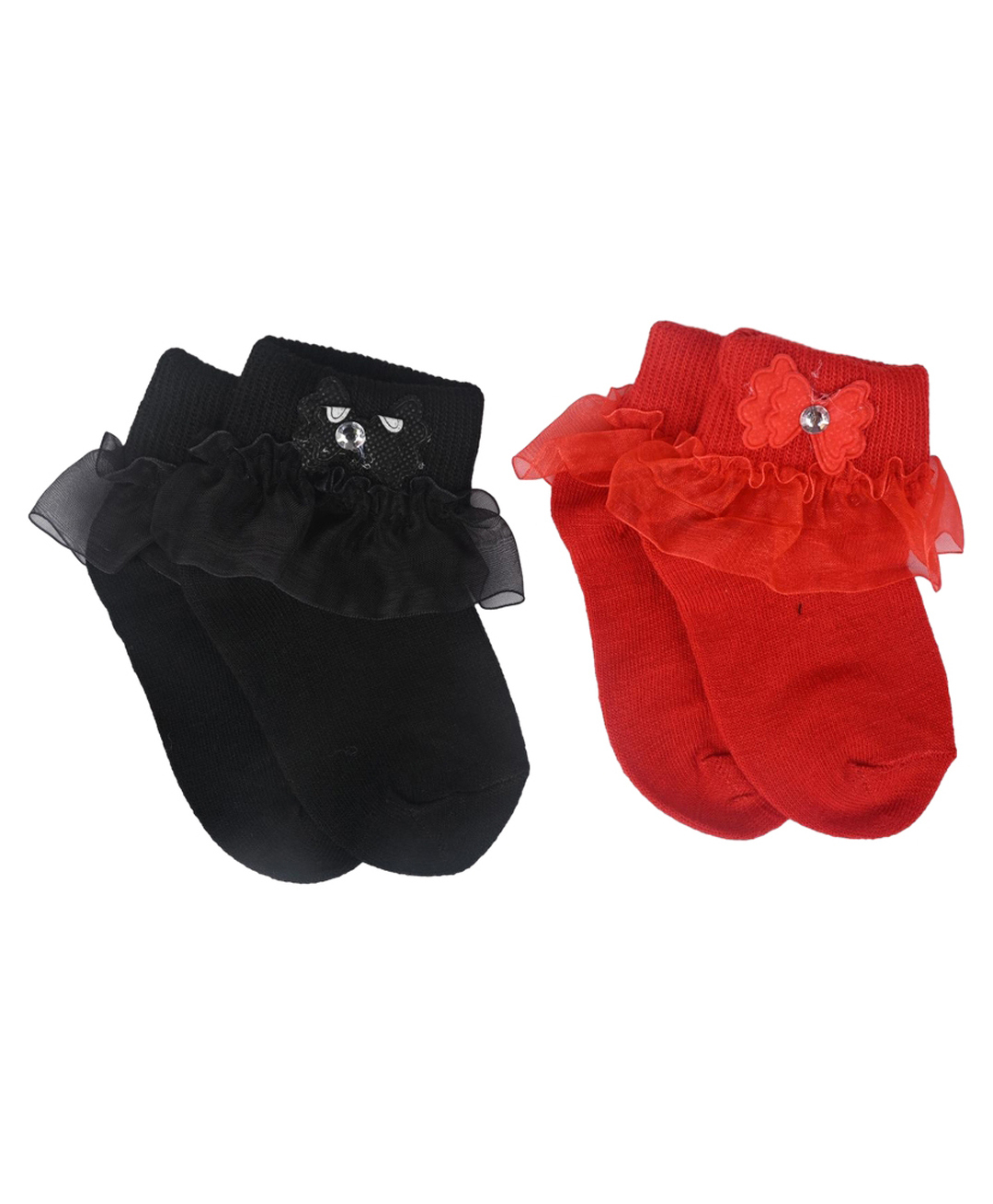 Kid-O-World Cotton Knit Pack Of 2 Bow Applique & Frill Detailed Socks - Black & Red-image-9
