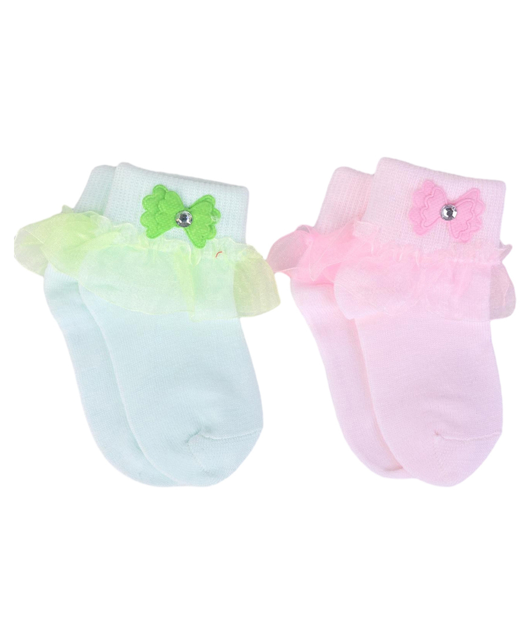 Kid-O-World Cotton Knit Pack Of 2 Bow Applique & Frill Detailed Socks - Green & Pink-picture-24