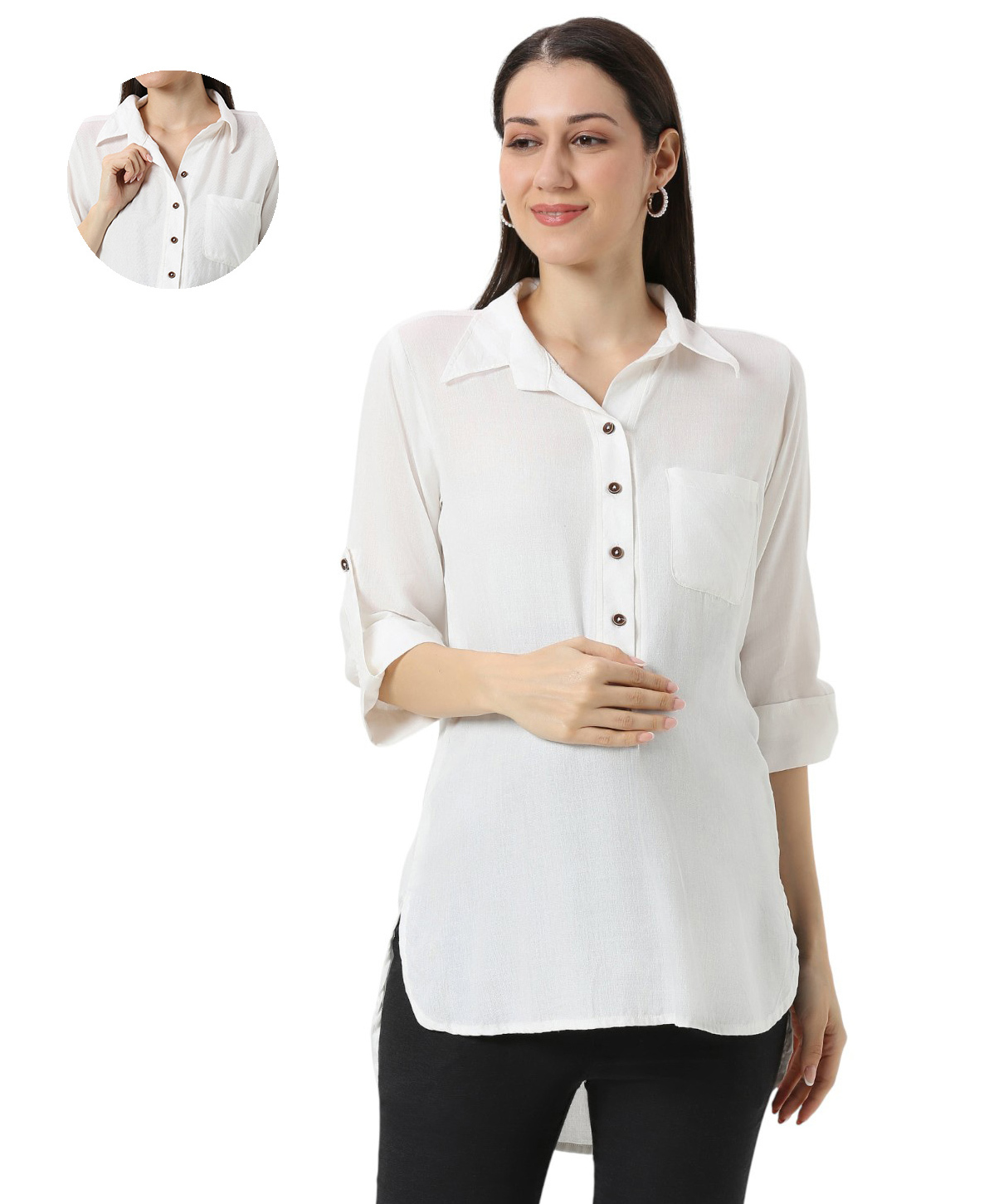 Mom for sure by Ketki Dalal Rayon Woven Three Fourth Sleeves Solid Top With Front Open Nursing Access - Off White-image-42