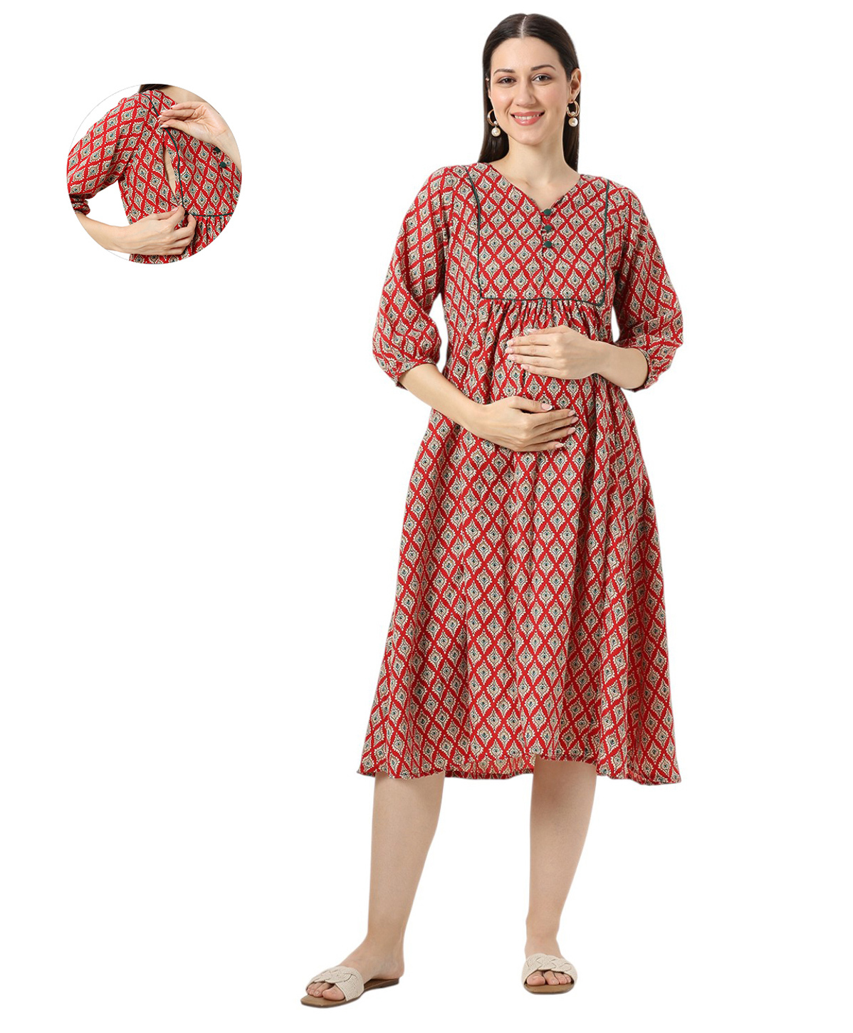 Mom for sure by Ketki Dalal Cotton Blend Woven Three Fourth Sleeves Abstract Printed Dress With Side Zipper Nursing Access - Red-image-40