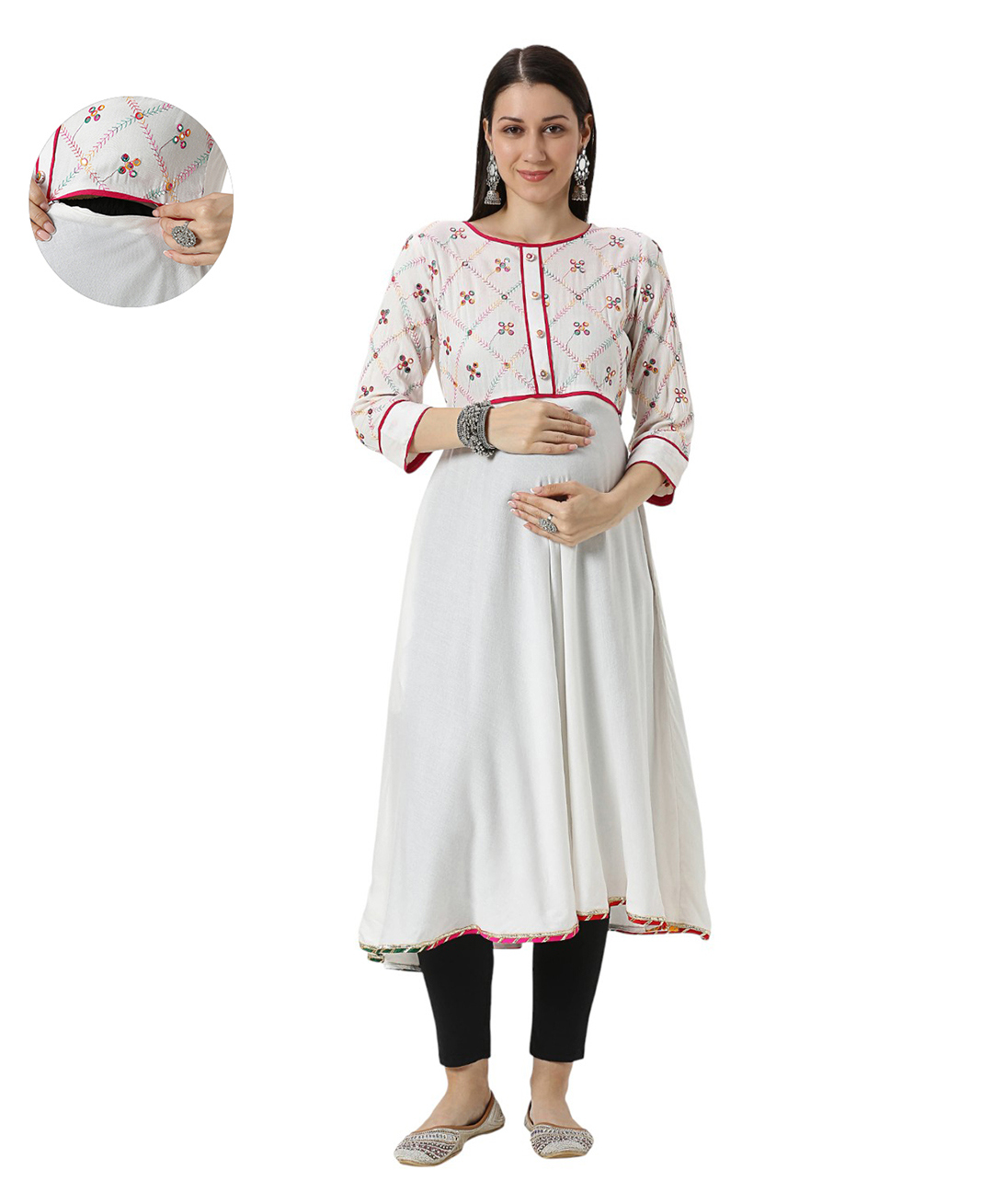Mom for sure by Ketki Dalal Rayon Woven Three Fourth Sleeves Mirror & Thread Work Detailed Maternity Kurti With Horizontal Zipper Nursing Access - White-image-27