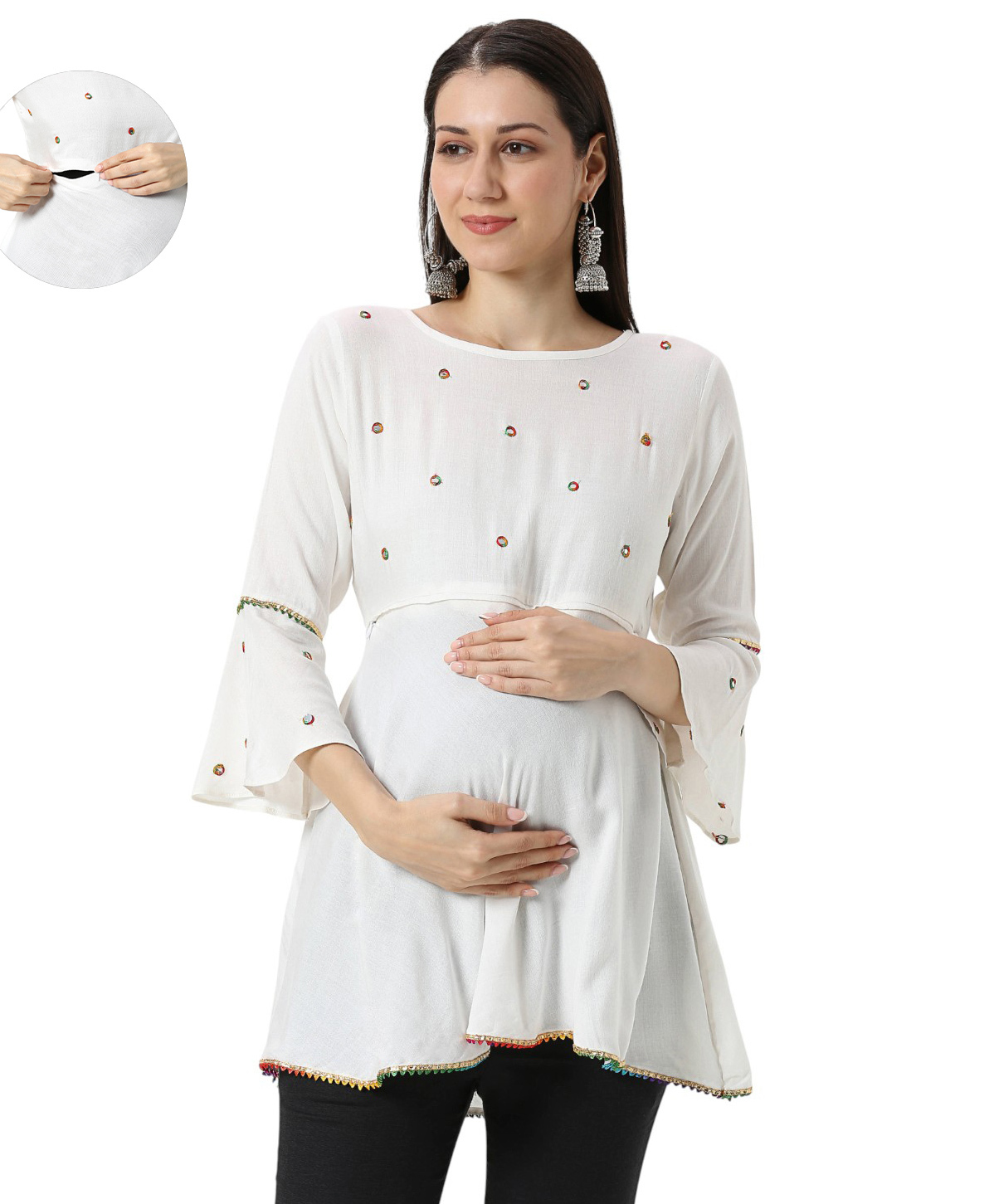 Mom for sure by Ketki Dalal Rayon Woven Three Fourth Bell Sleeves Gota Lace & Mirror Work Embellished Maternity Top With Overlap Concealed Zipper Nursing Access - White-image-8