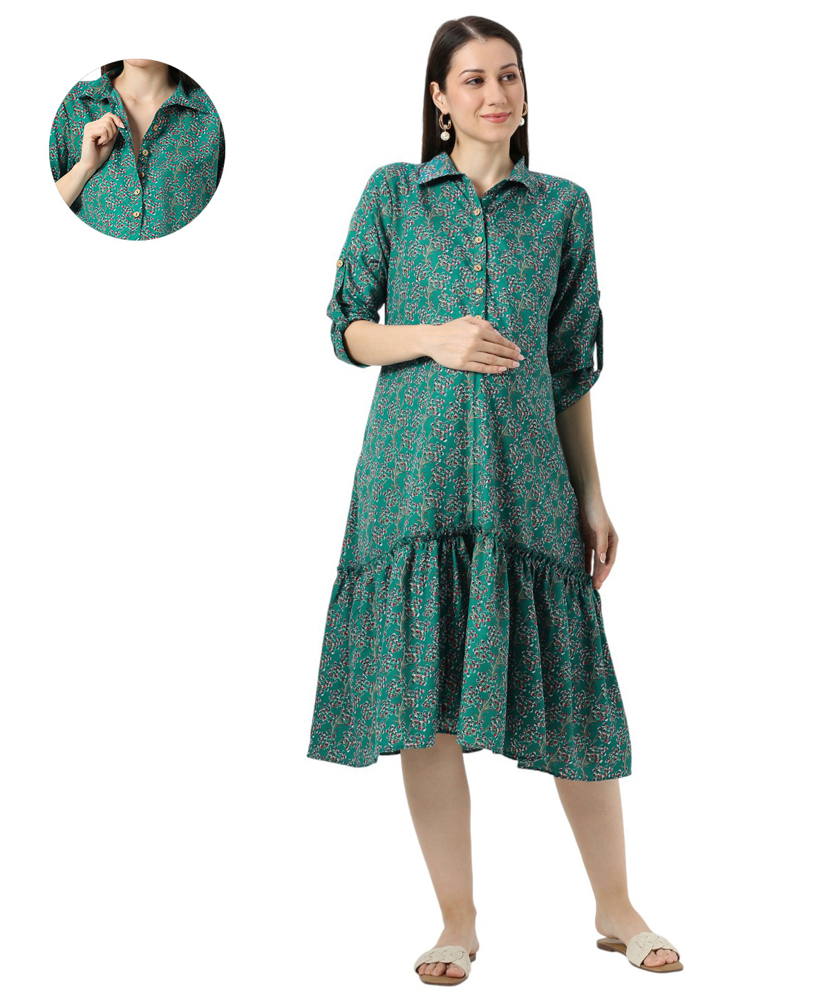 Mom for sure by Ketki Dalal Cotton Blend Woven Three Fourth Sleeves Floral Printed Maternity Shirt Style Dress With Front Open Nursing Access - Green-image-6