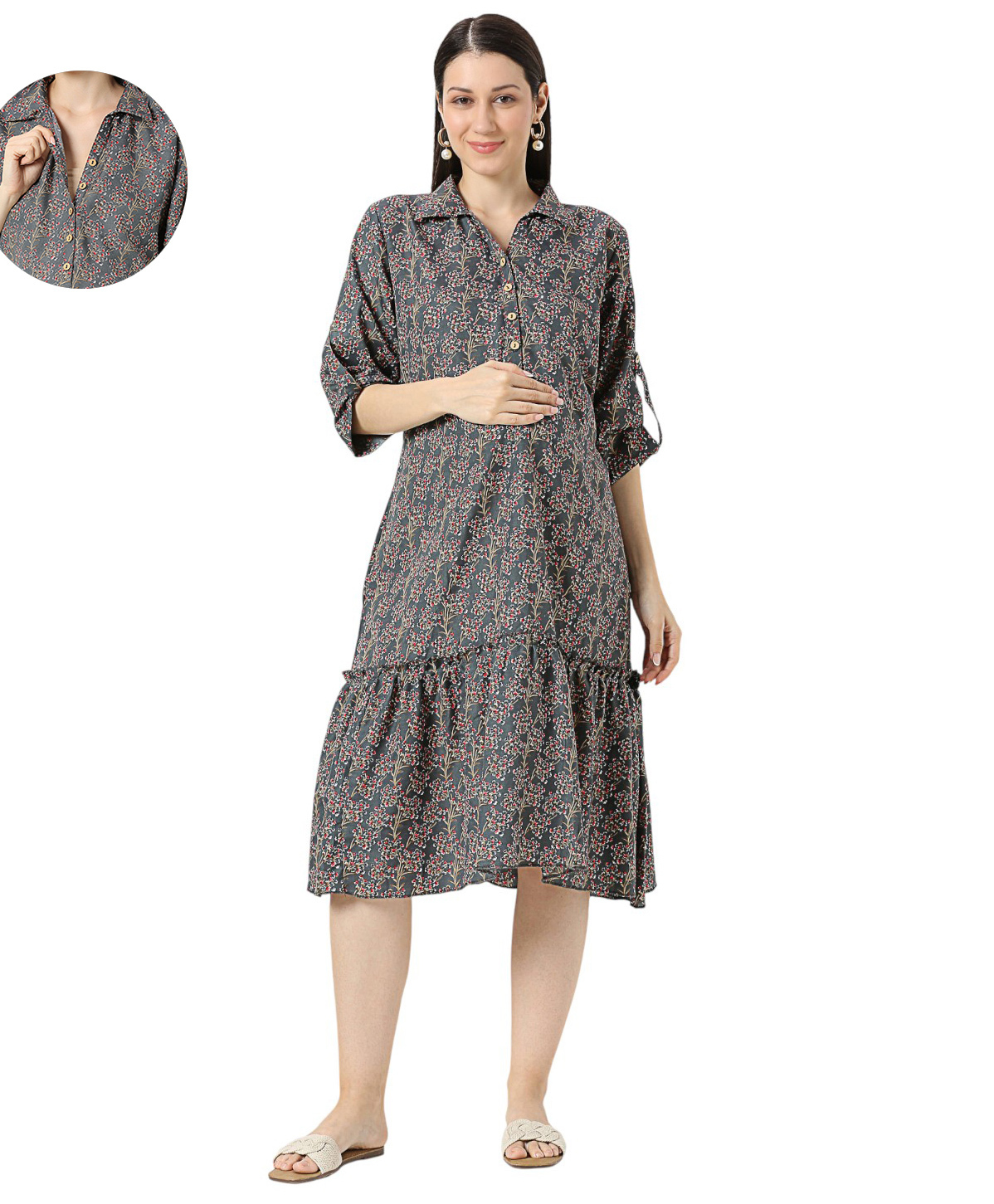 Mom for sure by Ketki Dalal Cotton Blend Woven Three Fourth Sleeves Floral Printed Maternity Shirt Style Dress With Front Open Nursing Access - Grey-image-24