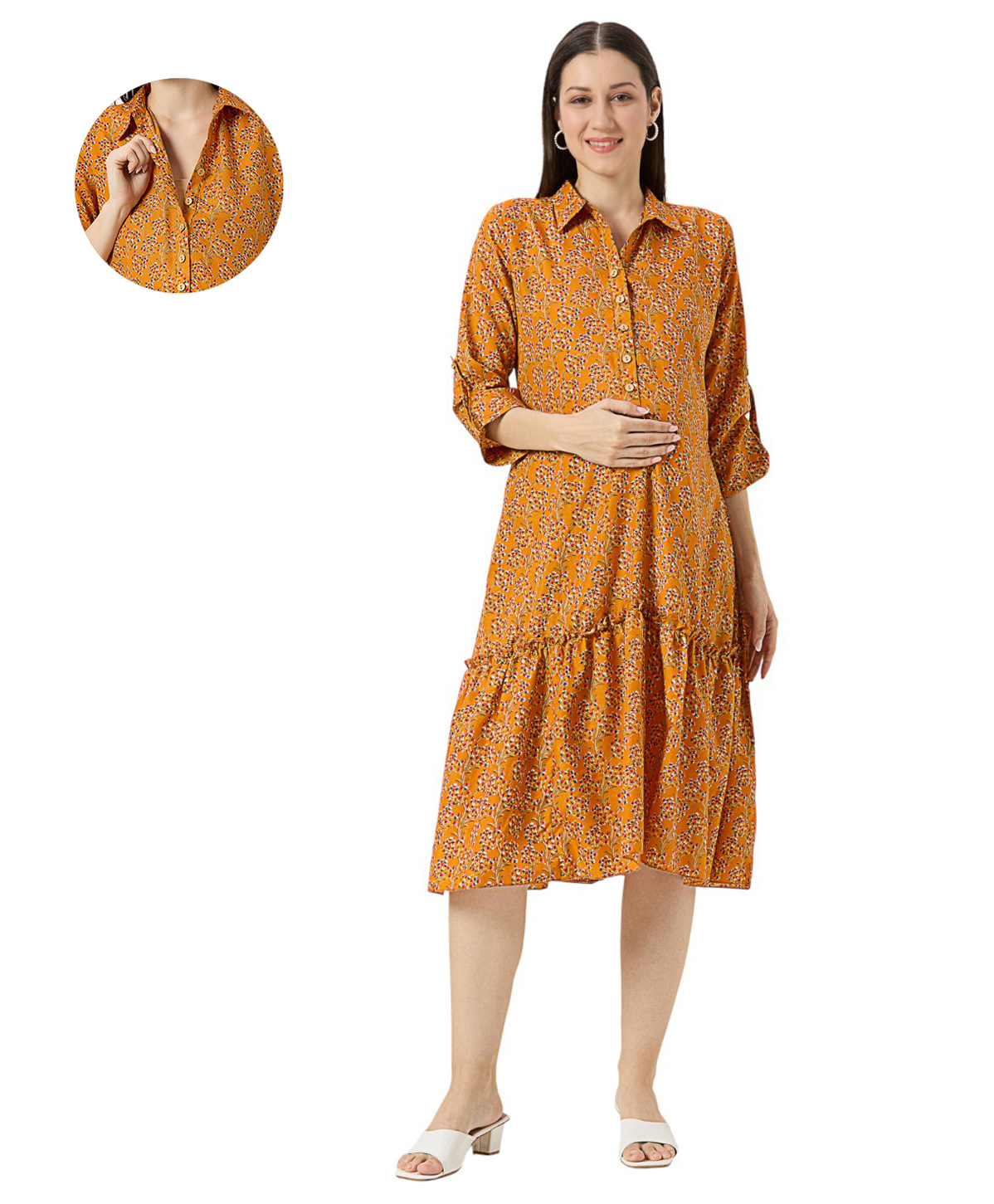 Mom for sure by Ketki Dalal Cotton Blend Woven Three Fourth Sleeves Floral Printed Maternity Shirt Style Dress With Front Open Nursing Access - Mustard Yellow-image-36