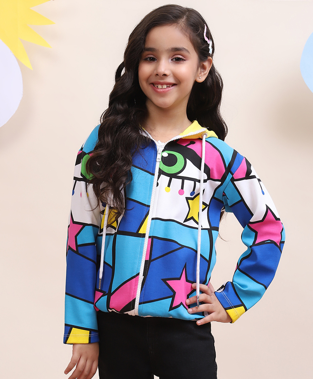 Spunkies Cotton Woven Full Sleeves Abstract Printed Hooded Sweatjacket - Multi Colour-picture-25
