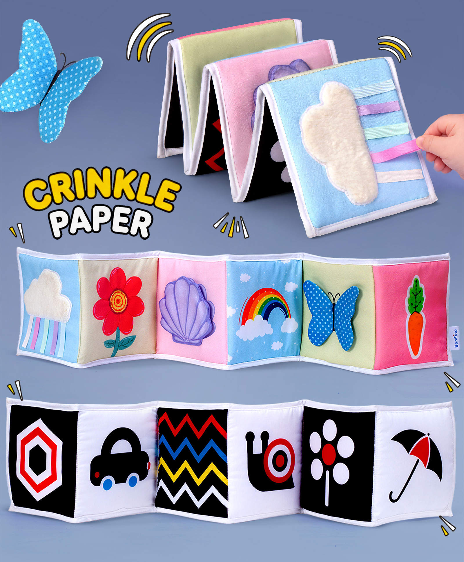 Bonfino Cloud Pram Book for Babies with High Contrast and Colorful Pages| Crinkle Sound, Soft Mirror & Sensory Textures| Early Learning| Baby Safe Washable & Tear Resistant Material| Bath Time Fun-image-39