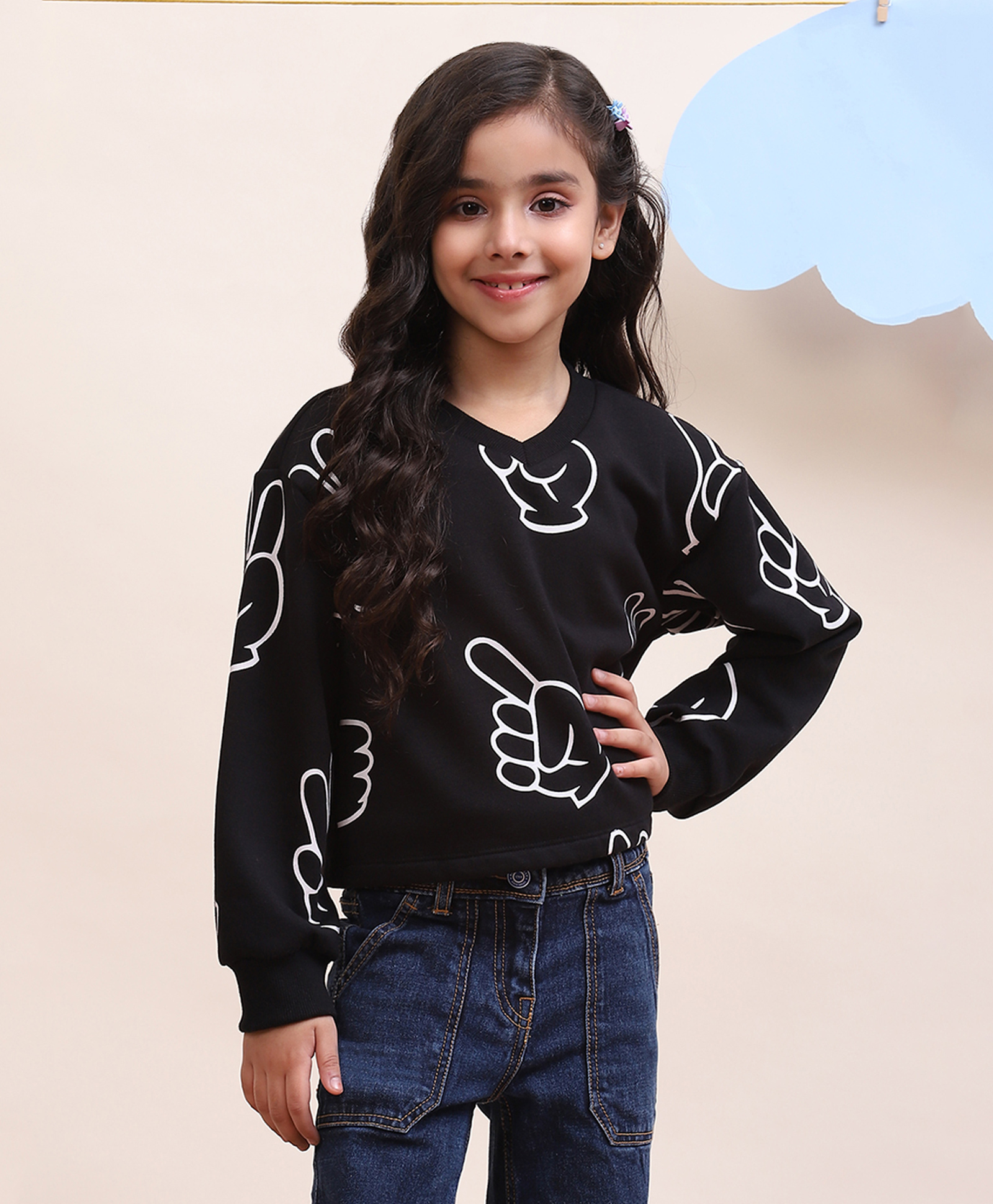Spunkies Cotton Knit Full Sleeves Hand Printed Light Winter Sweatshirt - Black-image-7