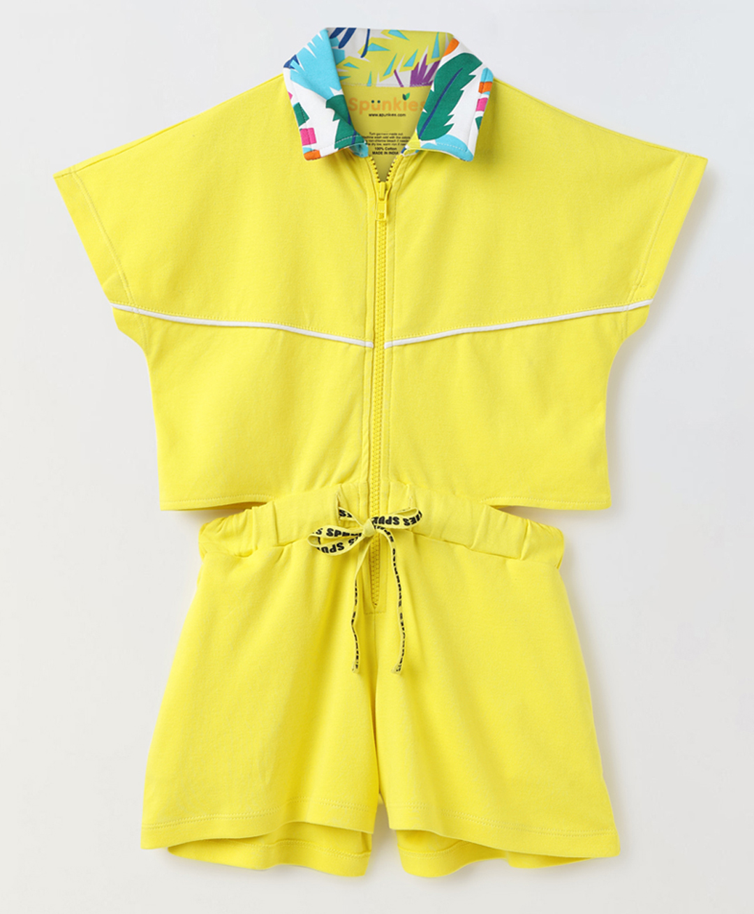 Spunkies Cotton Knit Half Sleeves Leaves Collar Printed Cut Out Detailed Jumpsuit - Yellow-picture-13