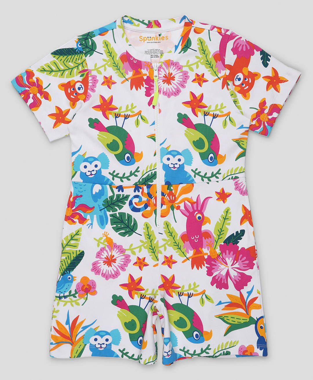 Spunkies Cotton Woven Half Sleeves Animals & Jungle Printed Jumpsuit - White-picture-15