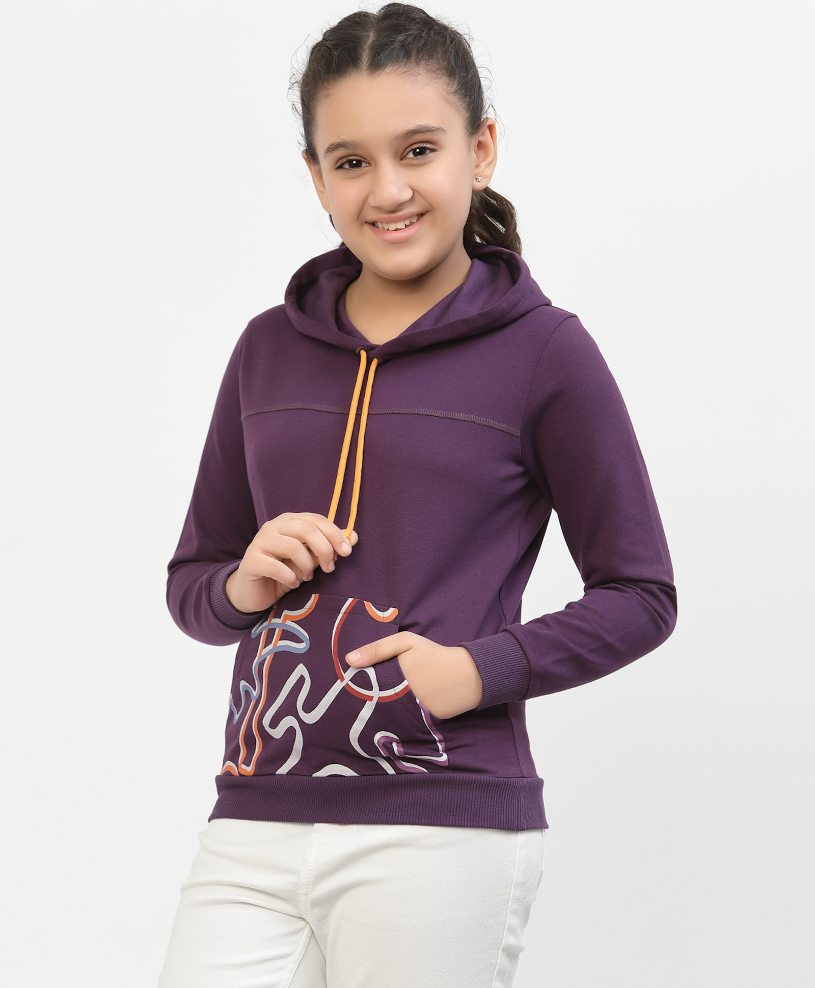 Spunkies Cotton Knit Full Sleeves Abstract Printed Light Winter Hoodie - Purple-image-36