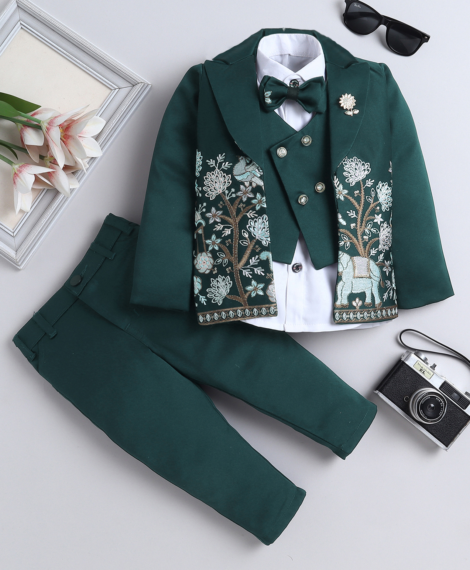 Fourfolds Woven Full Sleeves Floral & Elephant Embroidered 3 Piece Party Suit Set With Bow - Dark Green-picture-14