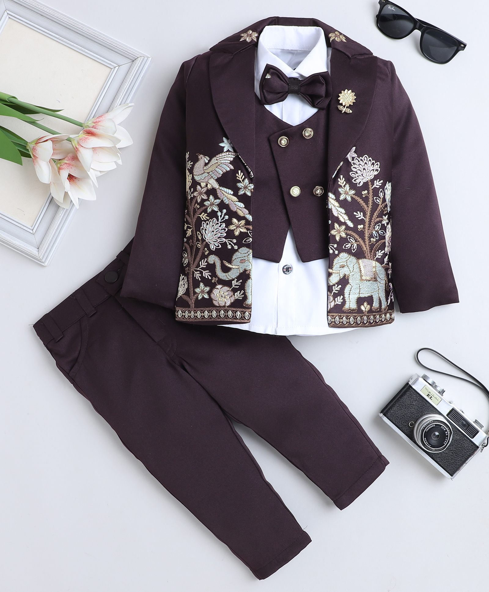 Fourfolds Woven Full Sleeves Floral & Elephant Embroidered 3 Piece Party Suit Set With Bow - Wine-image-6