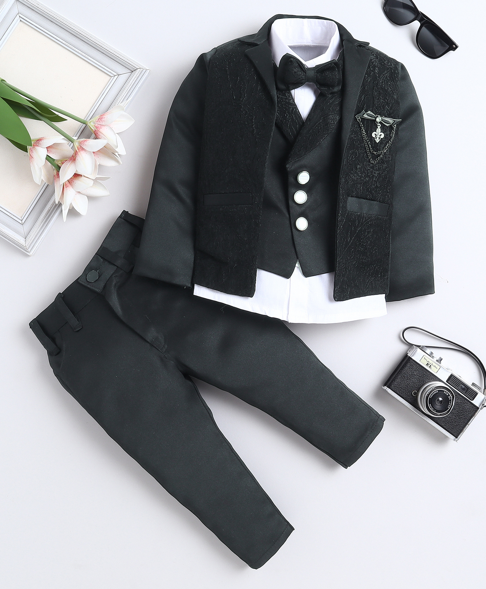 Fourfolds Jacquard Woven Full Sleeves Floral Textured 3 Piece Party Suit With Bow Set - Black