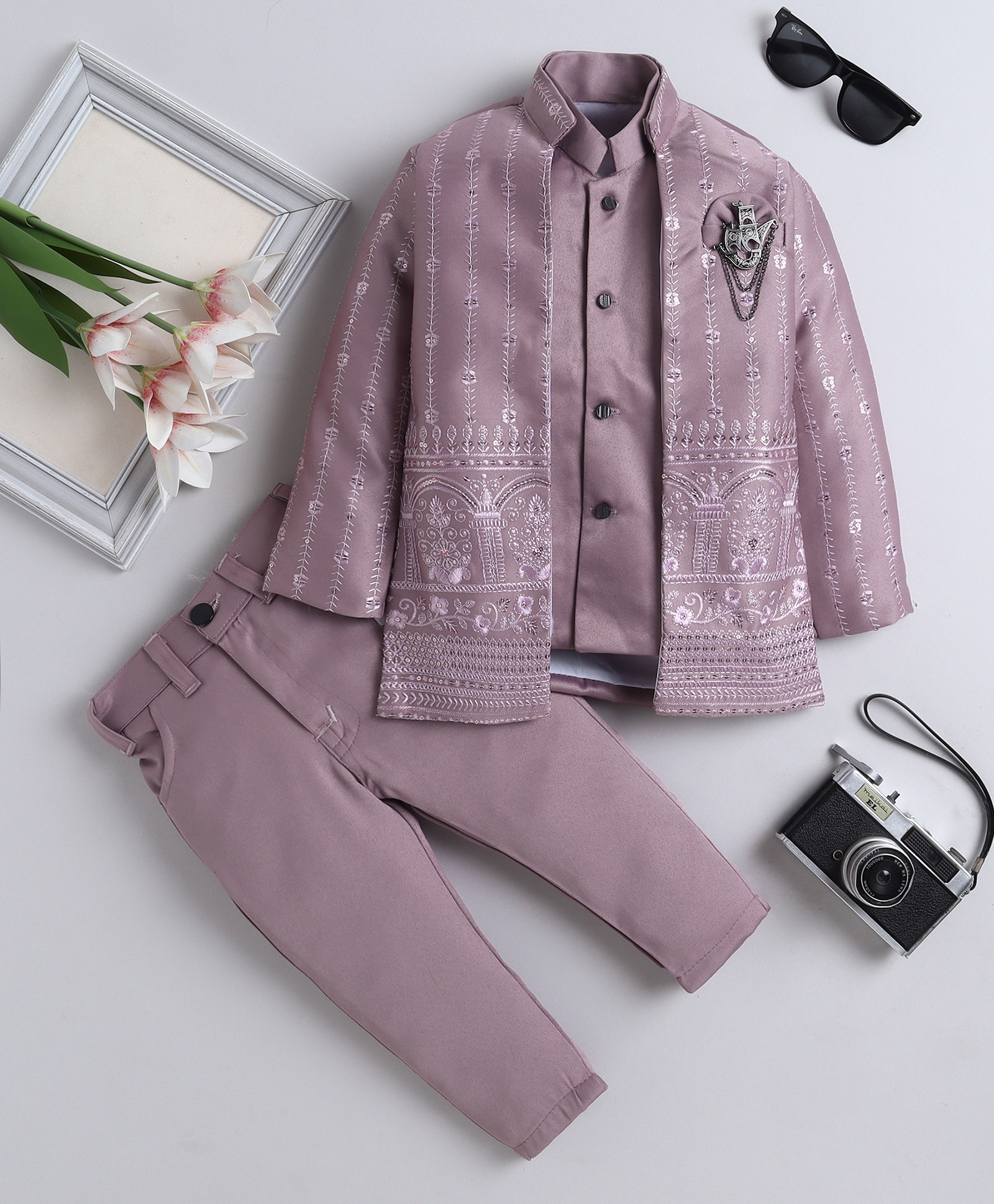 Fourfolds Jacquard Woven Full Sleeves Floral Embroidered Sequins Embellished Sherwani With Pant & Jacket Set - Mauve-image-2