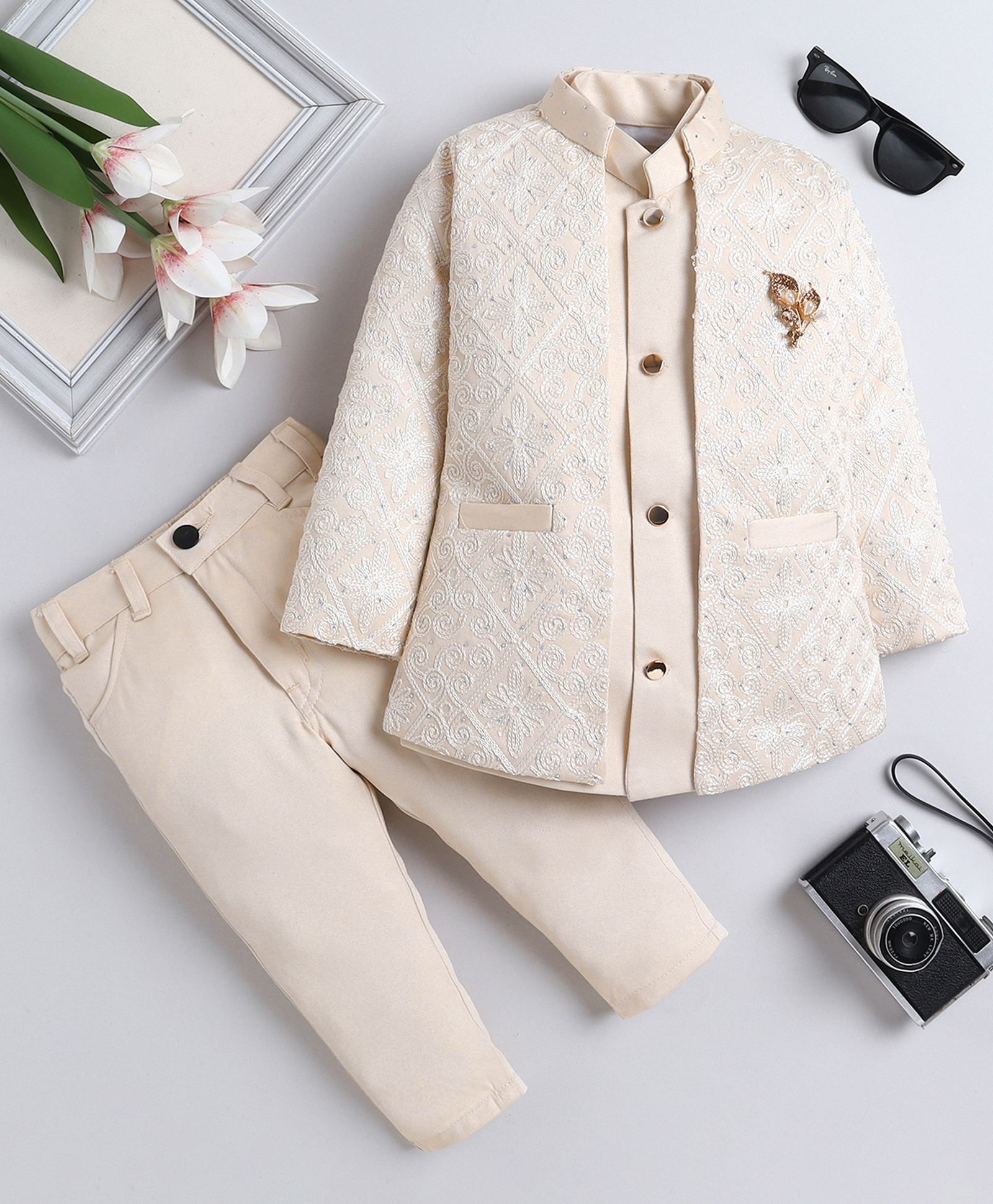 Fourfolds Woven Solid Sherwani Trouser With Full Sleeves Rhinestones Embellished & Abstract Embroidered Jacket Set - Beige-image-36