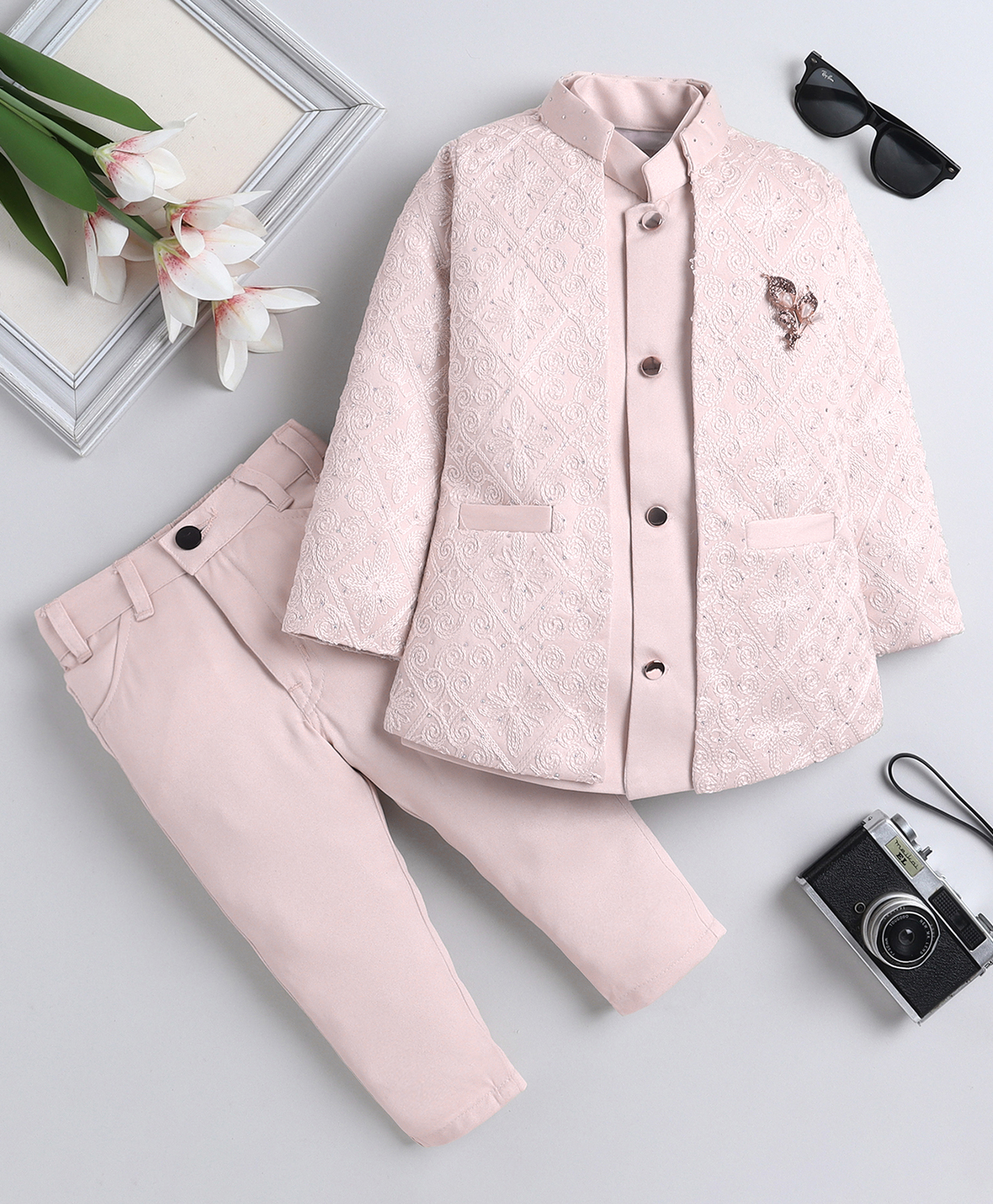 Fourfolds Woven Solid Sherwani Trouser With Full Sleeves Rhinestones Embellished & Abstract Embroidered Jacket Set - Light Pink-image-35