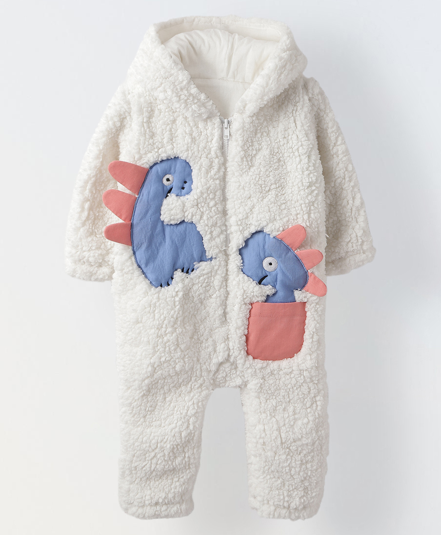 Spunkies Cotton Woven Full Sleeves Baby Dinosaurs Appliqued Romper - White-image-12