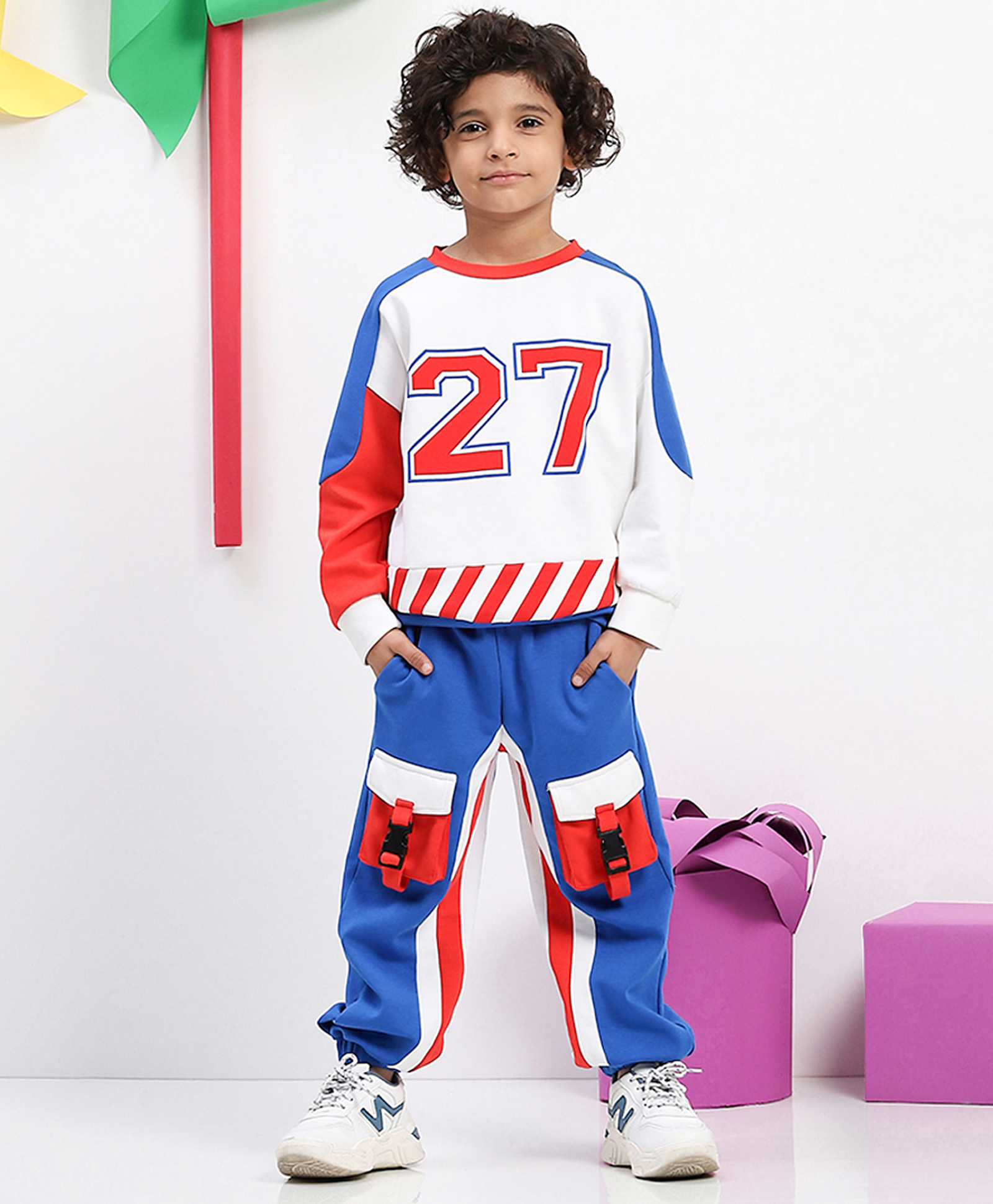Spunkies Cotton Knit Full Raglan Sleeves Numericals Printed Winter Sweatshirt & Joggers Set - Multi Colour-image-5