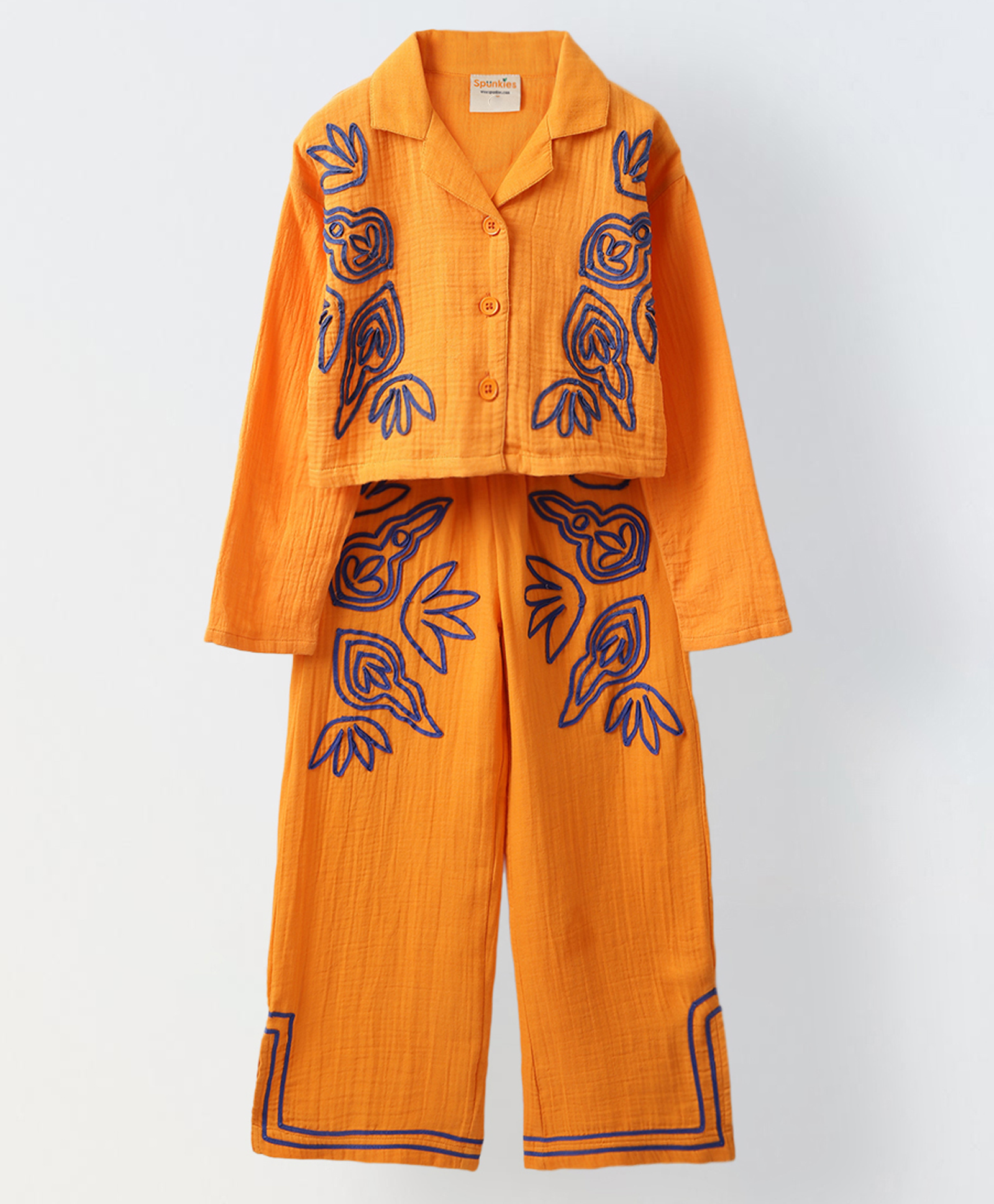 Spunkies Cotton Knit Full Sleeves Abstract Embroidered Shirt Style Top & Pant Set - Orange