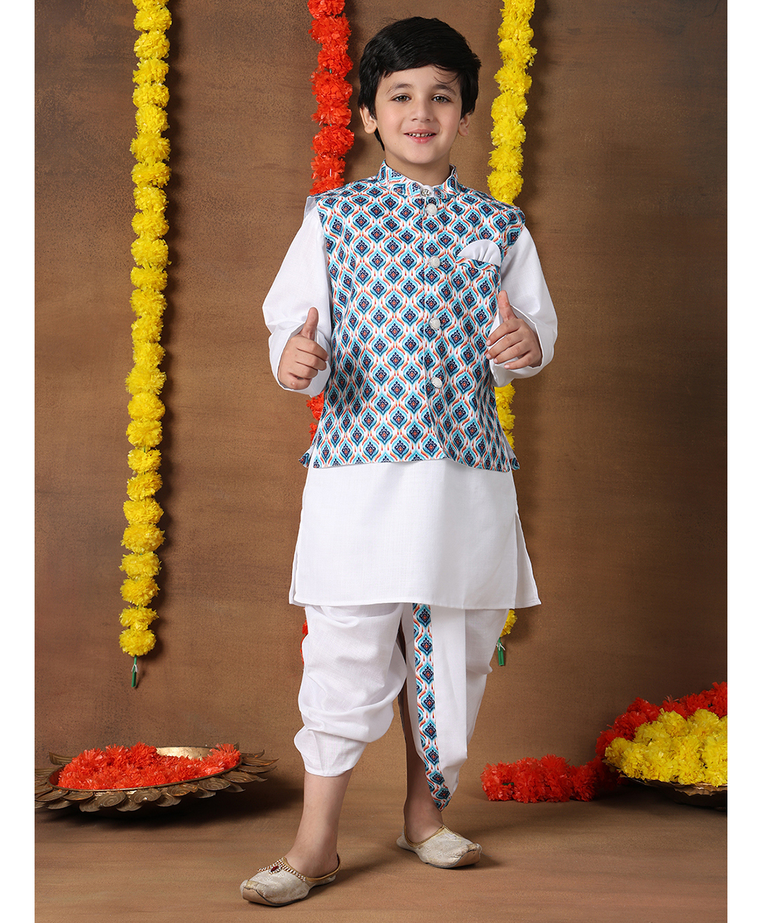 Superminis Cotton Woven Full Sleeves Solid Kurta & Dhoti With Ethnic Printed Jacket Set - Blue-picture-29