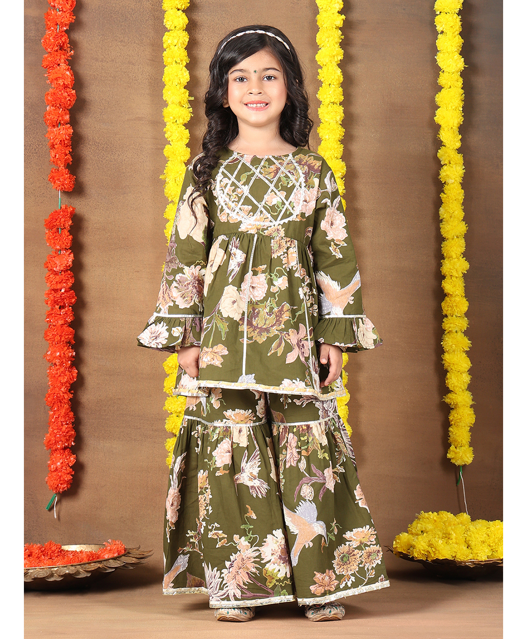 Superminis Cotton Woven Full Bell Sleeves Floral Printed Gota Lace Embellished Kurti & Coordinating Sharara Set - Green-picture-38