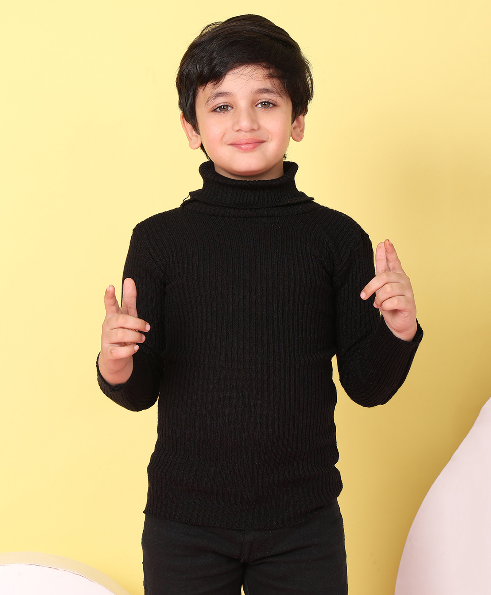 Superminis Woollen Knit Full Sleeves Ribbed Skivi Sweater - Black-picture-30