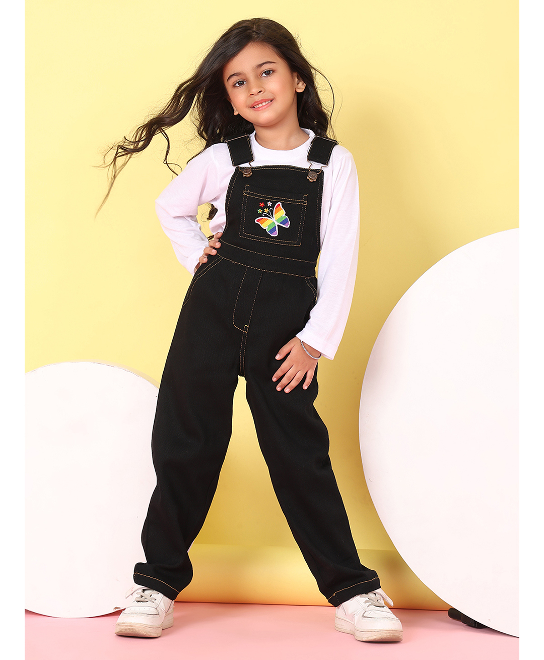 Superminis Cotton Blend Knit Floral Embroidered Dungaree With Full Sleeves Tee - Black-picture-35