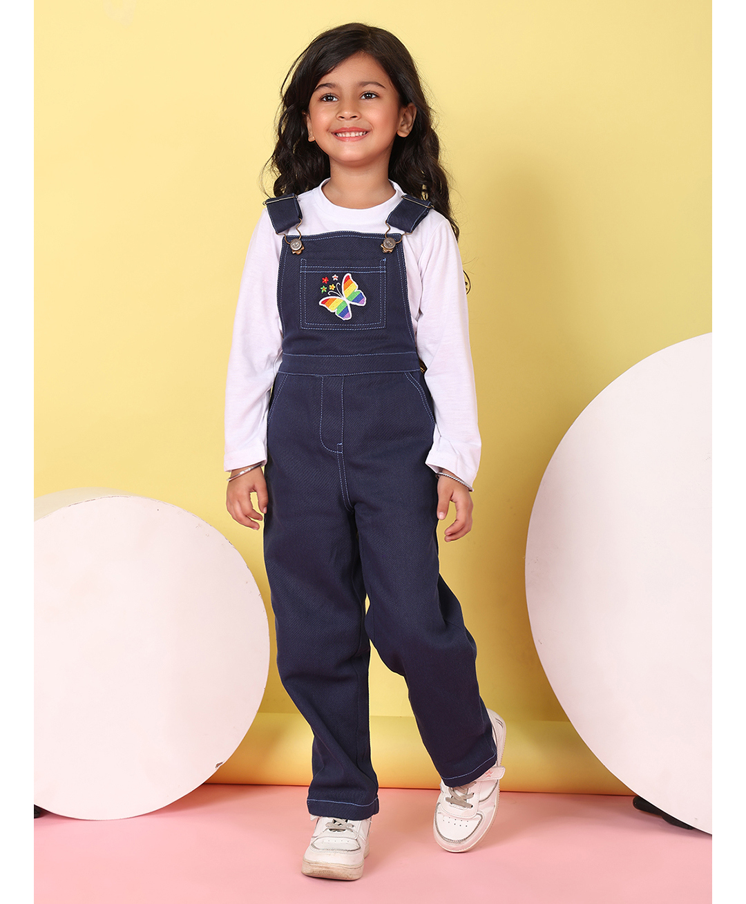Superminis Cotton Blend Knit Floral Embroidered Dungaree With Full Sleeves Tee - Blue-picture-34