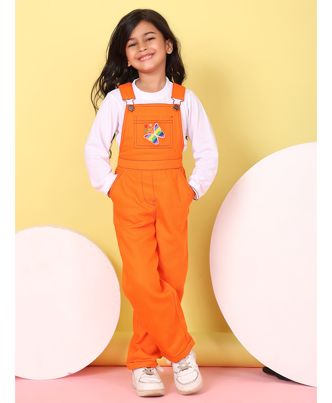 Superminis Cotton Blend Knit Floral Embroidered Dungaree With Full Sleeves Tee - Orange-picture-25