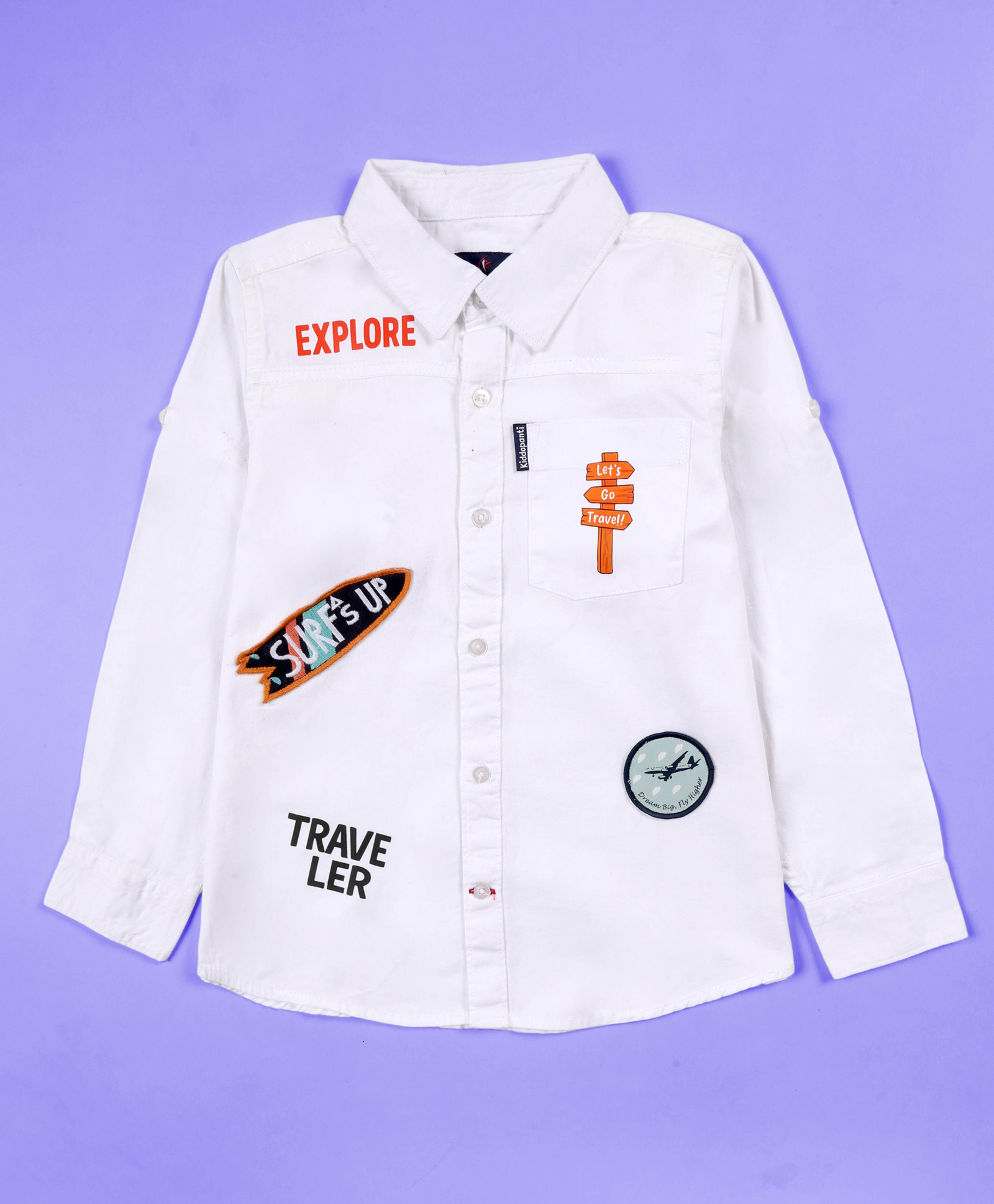 Kiddopanti Cotton Woven Full Sleeves Travel Theme Patch Detailed Shirt - White-picture-17