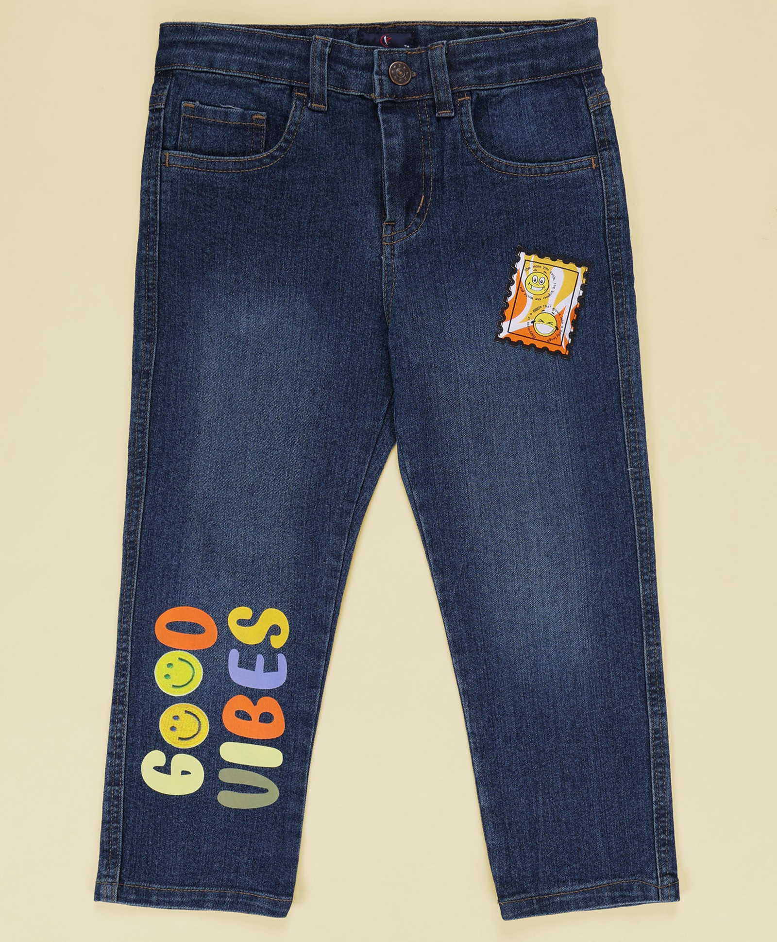 Kiddopanti Denim Woven Good Vibes Text Printed Jeans - Blue-picture-12