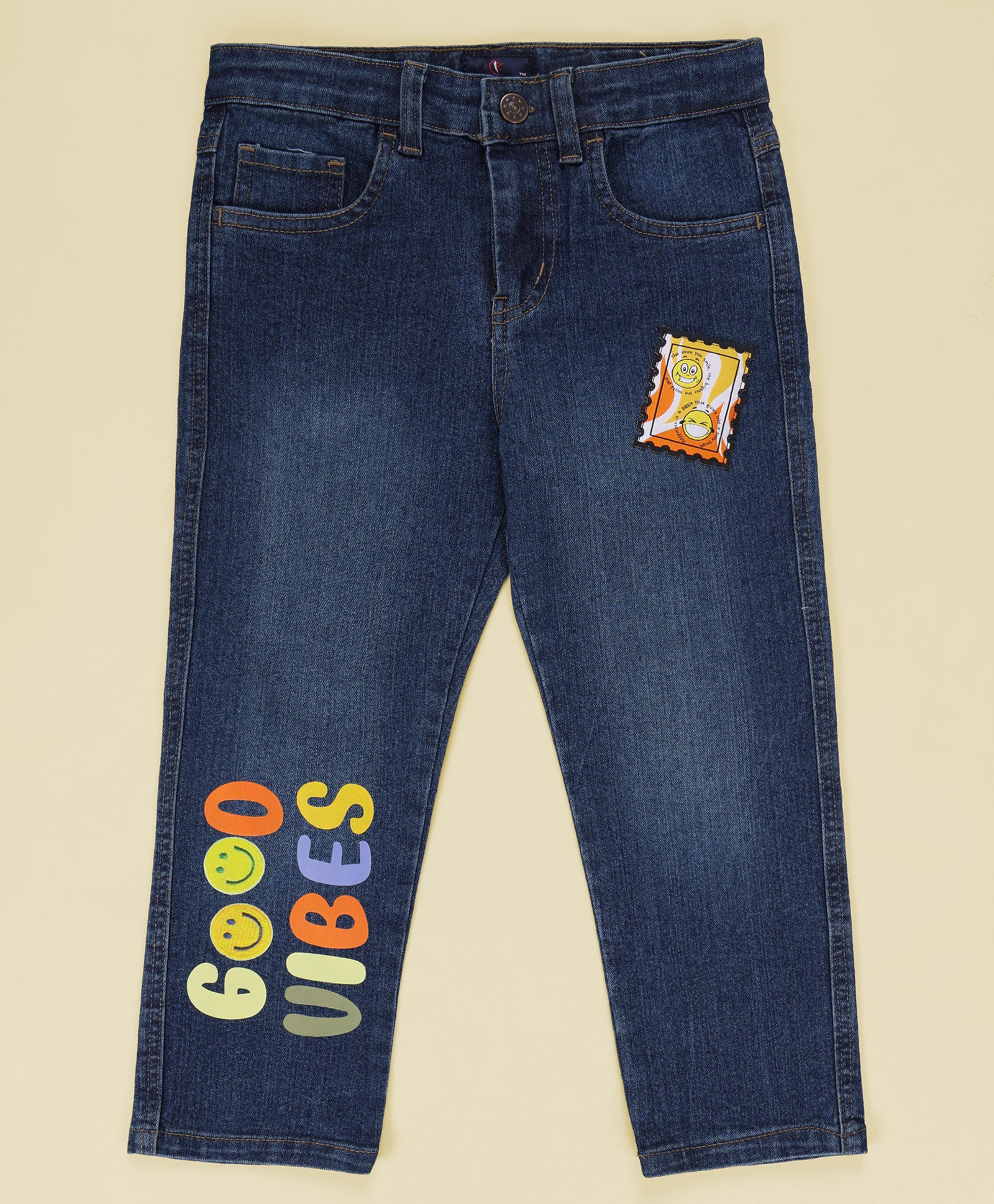 Kiddopanti Denim Woven Good Vibes Text Printed Washed Jeans - Blue-picture-25