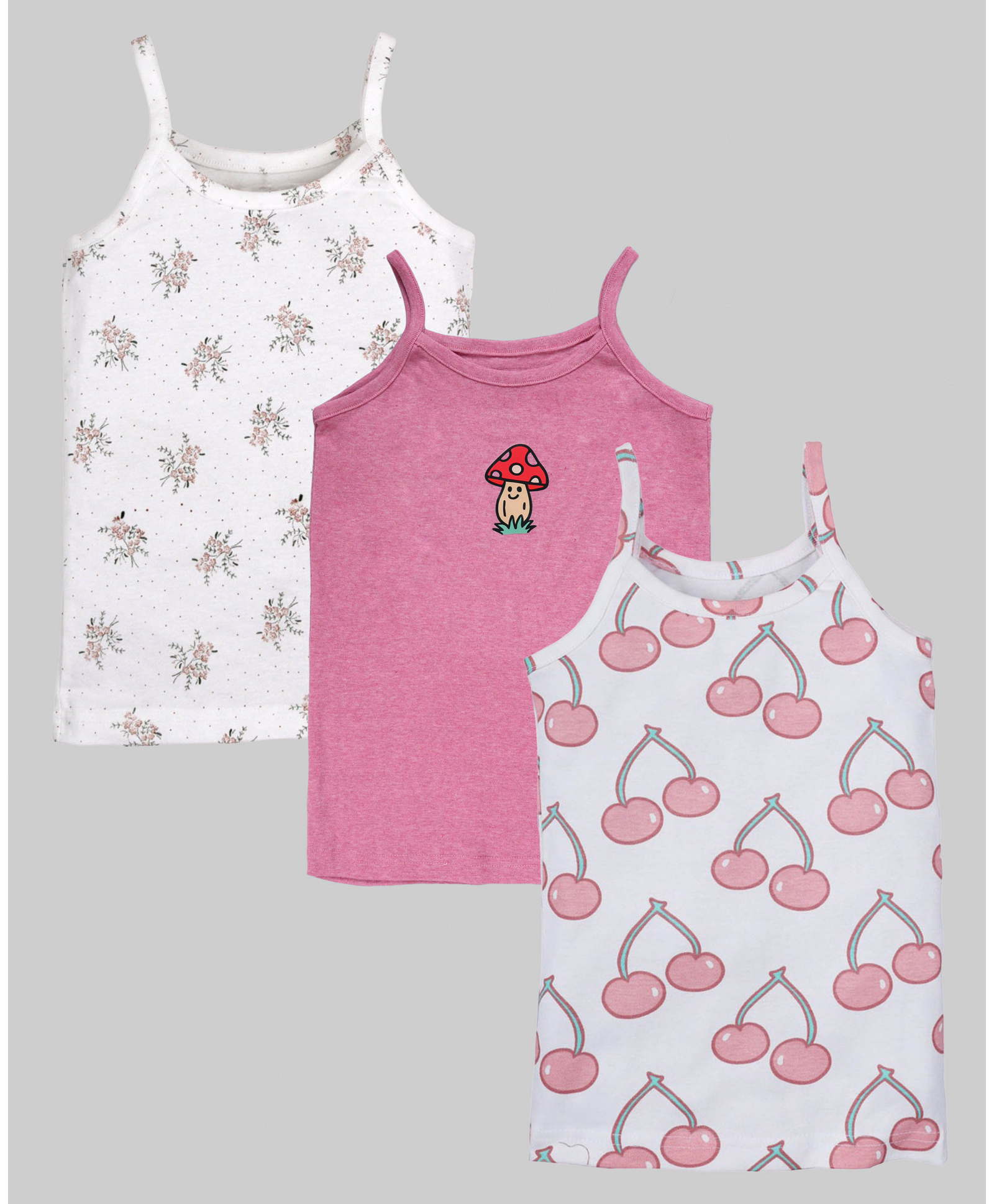 Kiddopanti Cotton Knit Pack Of 3 Sleeveless Cherry & Floral Printed Camisoles - Pink Melange Off White & White-picture-30
