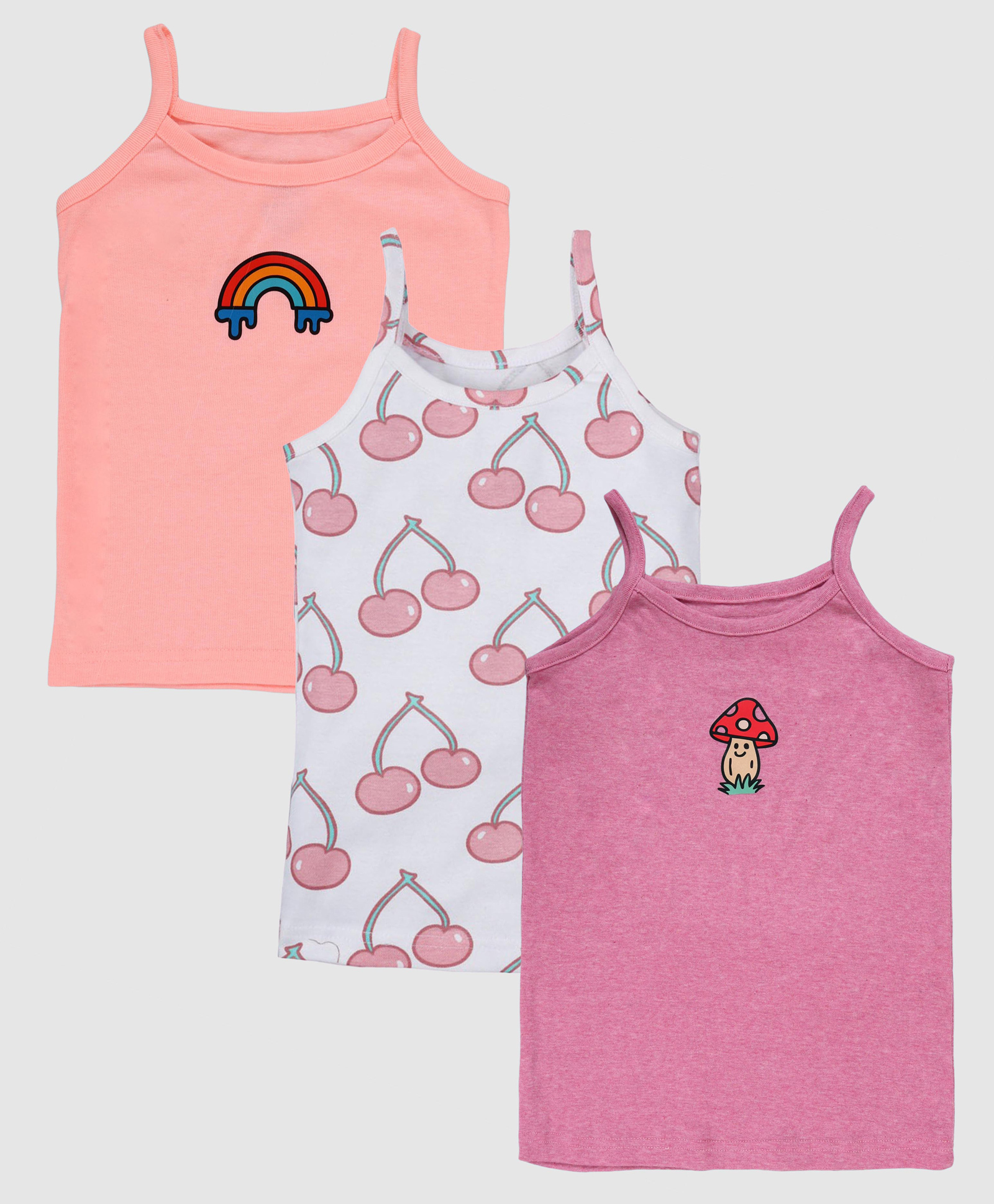 Kiddopanti Cotton Knit Pack Of 3 Sleeveless Cherry & Rainbow Printed Camisoles - Neon Pink Melange & Off White-picture-35