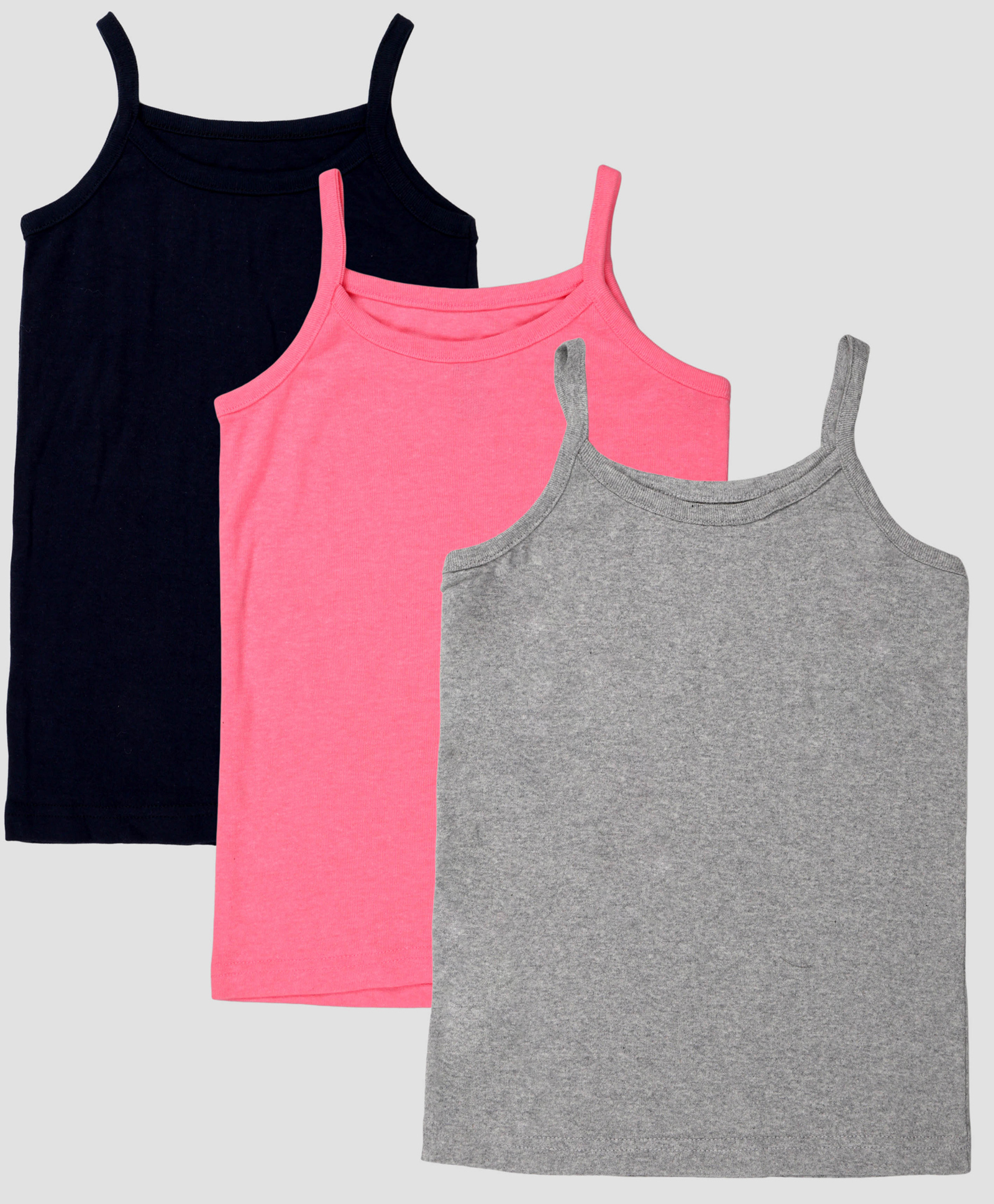Kiddopanti Cotton Knit Pack Of 3 Sleeveless Solid Camisoles - Black Grey Melange & Neon Pink-image-2