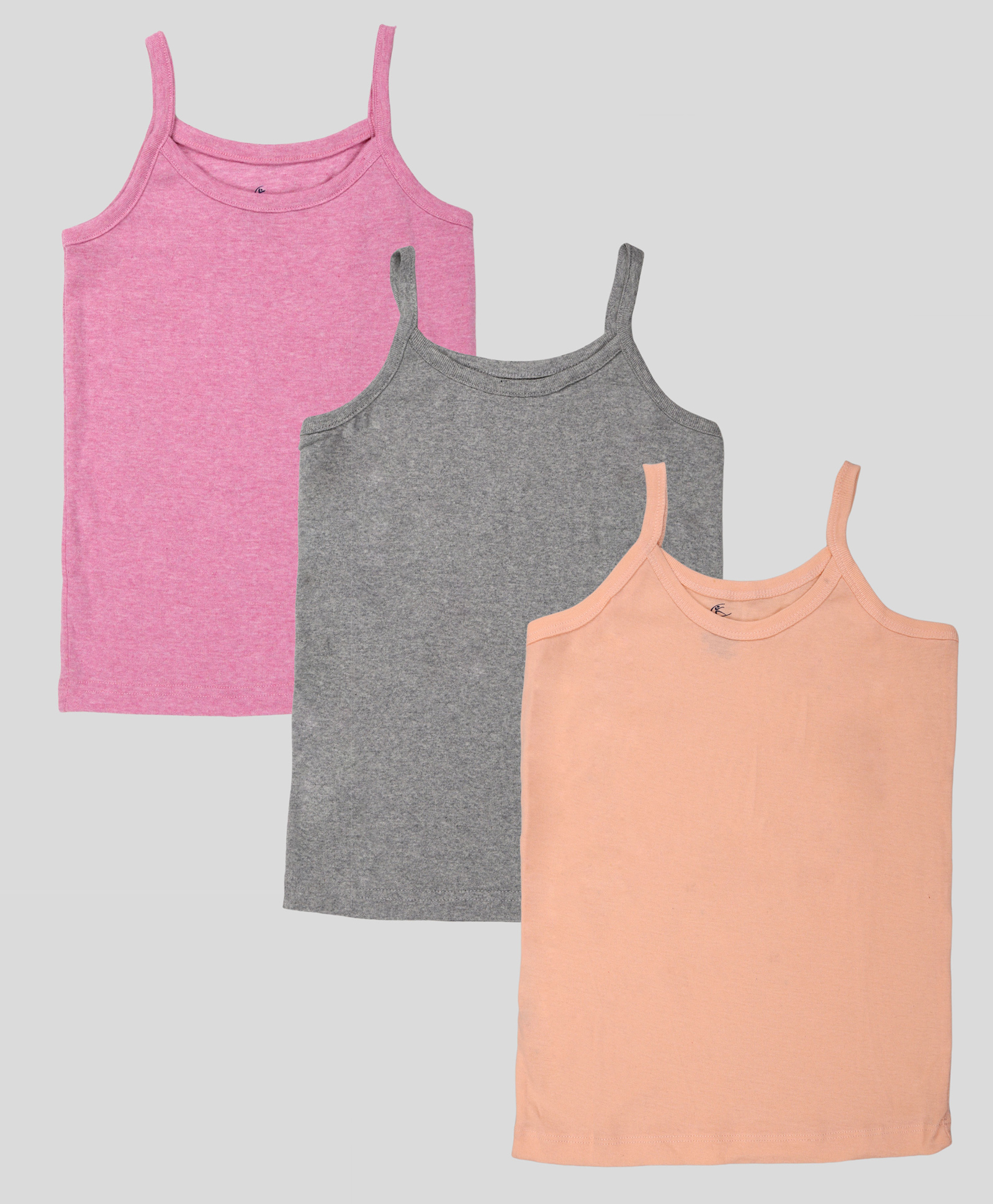 Kiddopanti Cotton Knit Pack Of 3 Sleeveless Solid Camisoles - Peach Pink Melange & Grey Melange-picture-19