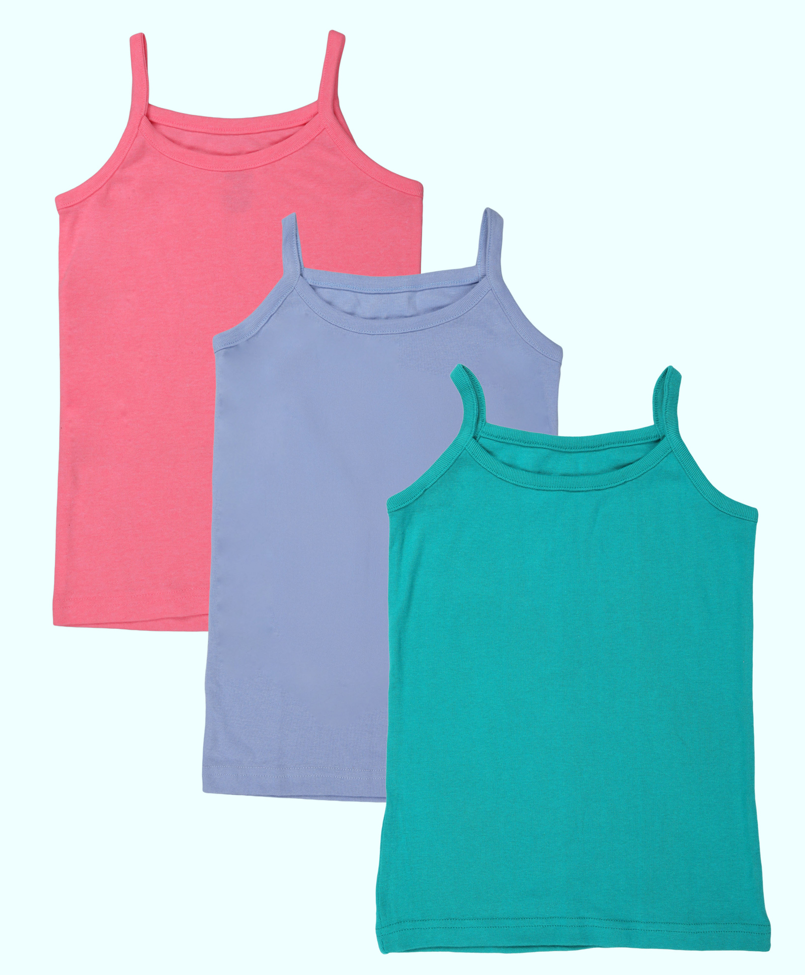 Kiddopanti Cotton Knit Pack Of 3 Sleeveless Solid Camisoles - Neon Pink Aqua Green & Ink Blue-image-48