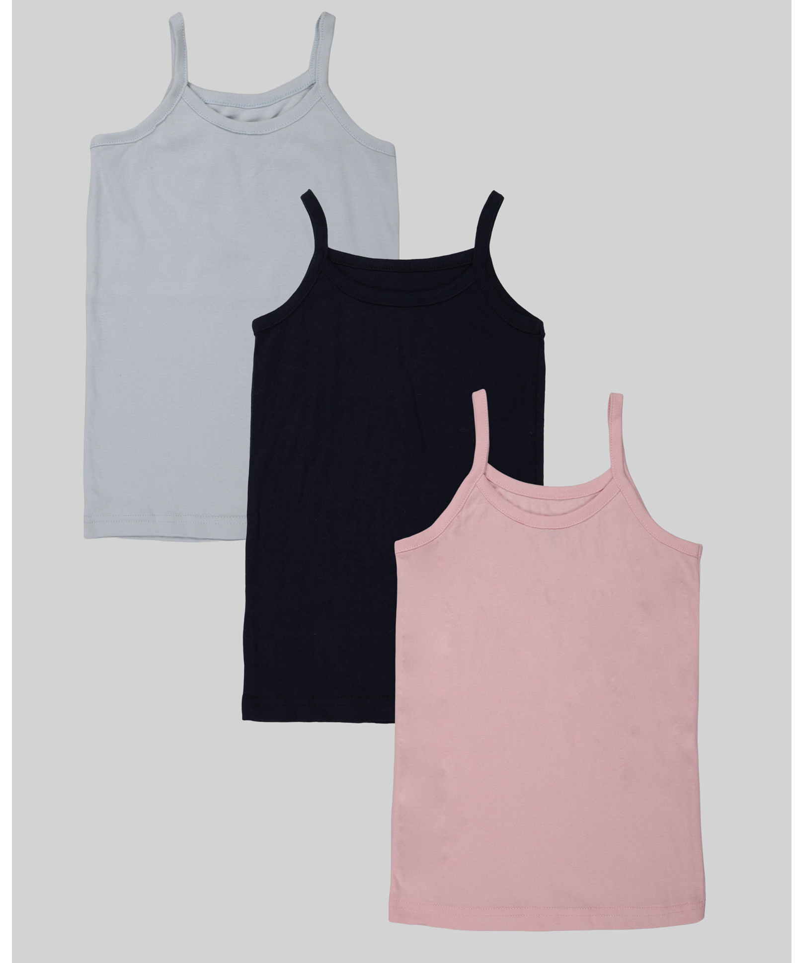 Kiddopanti Cotton Knit Pack Of 3 Sleeveless Solid Camisoles - Baby Pink Black & Blue-image-43