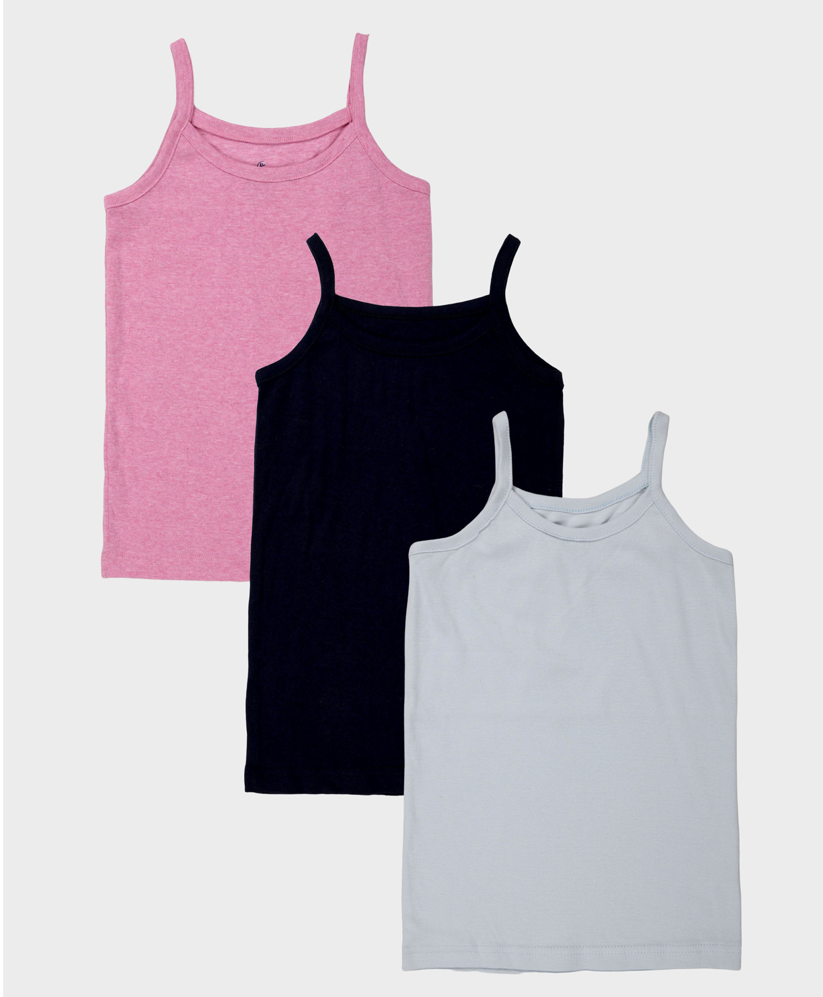 Kiddopanti Cotton Knit Pack Of 3 Sleeveless Solid Camisoles - Black Pink Melange & Blue-picture-20